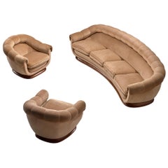 Italian Curved Living Room Set in Light Camel Velours, 1950s