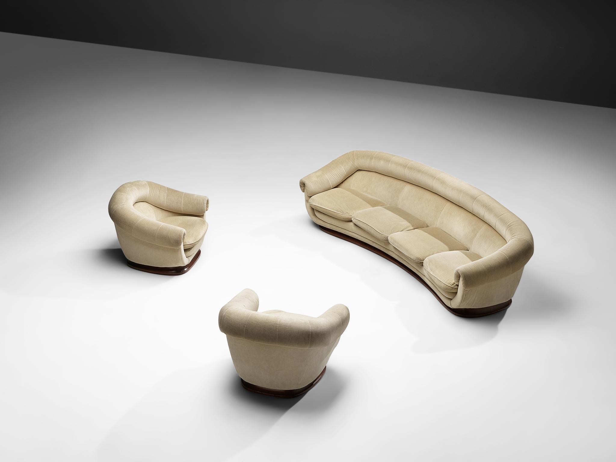 Wood Italian Pair of Curved Lounge Chairs in Light Beige Velours For Sale