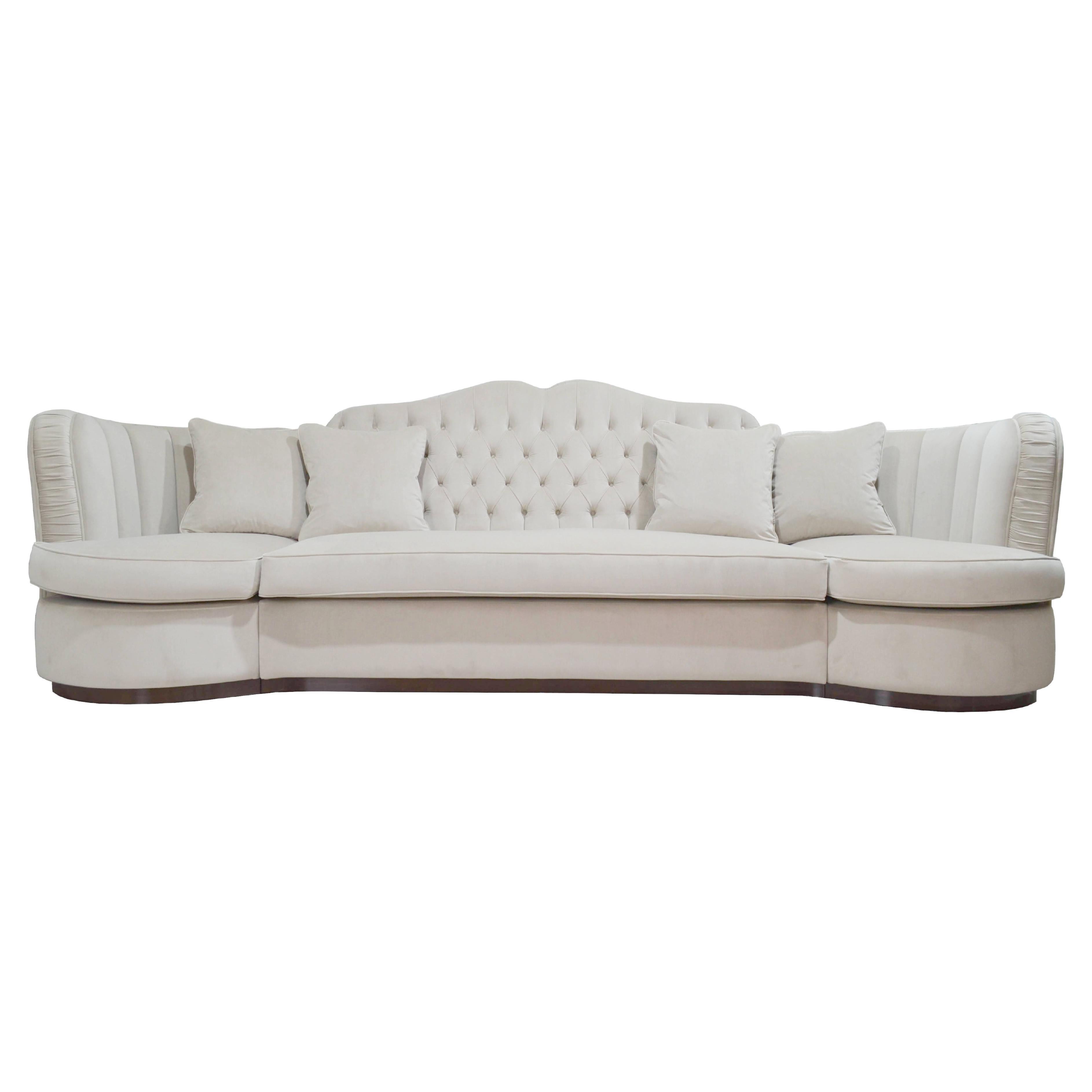 Italian Curved Modular Classic Sofa in Beige Velvet For Sale