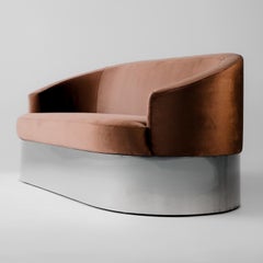 Italian Curved Sofa in Polished Stainless Steel and Velvet, Italy, 1970s