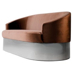 Italian Curved Sofa in Polished Stainless Steel and Velvet, Italy, 1970s