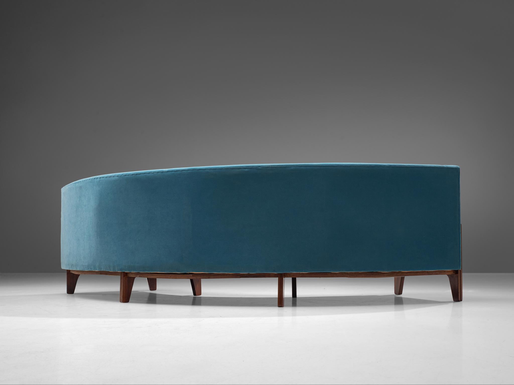 Mid-Century Modern Italian Curved Sofa in Rosewood and Sky Blue Upholstery