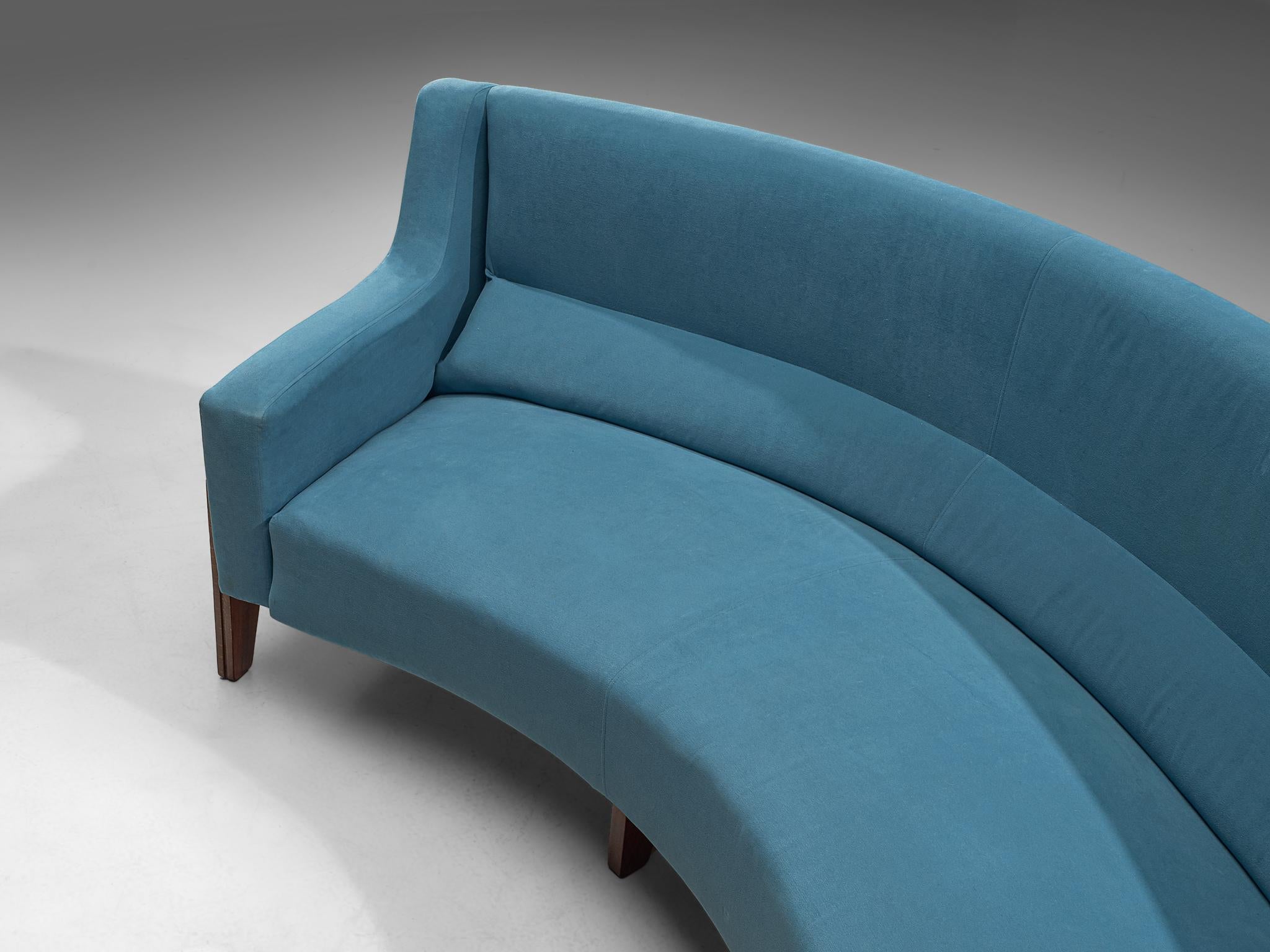 Mid-20th Century Italian Curved Sofa in Rosewood and Sky Blue Upholstery