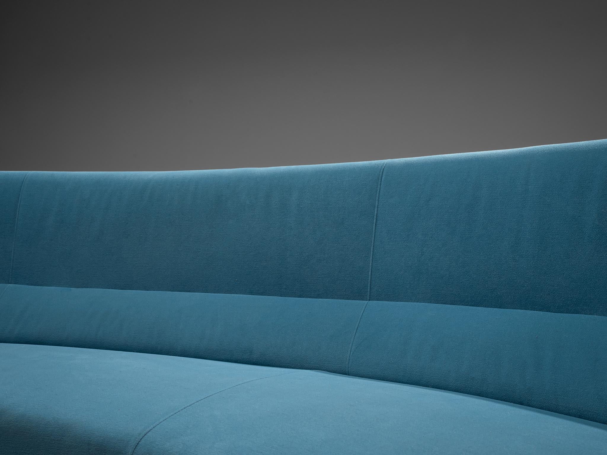Fabric Italian Curved Sofa in Rosewood and Sky Blue Upholstery