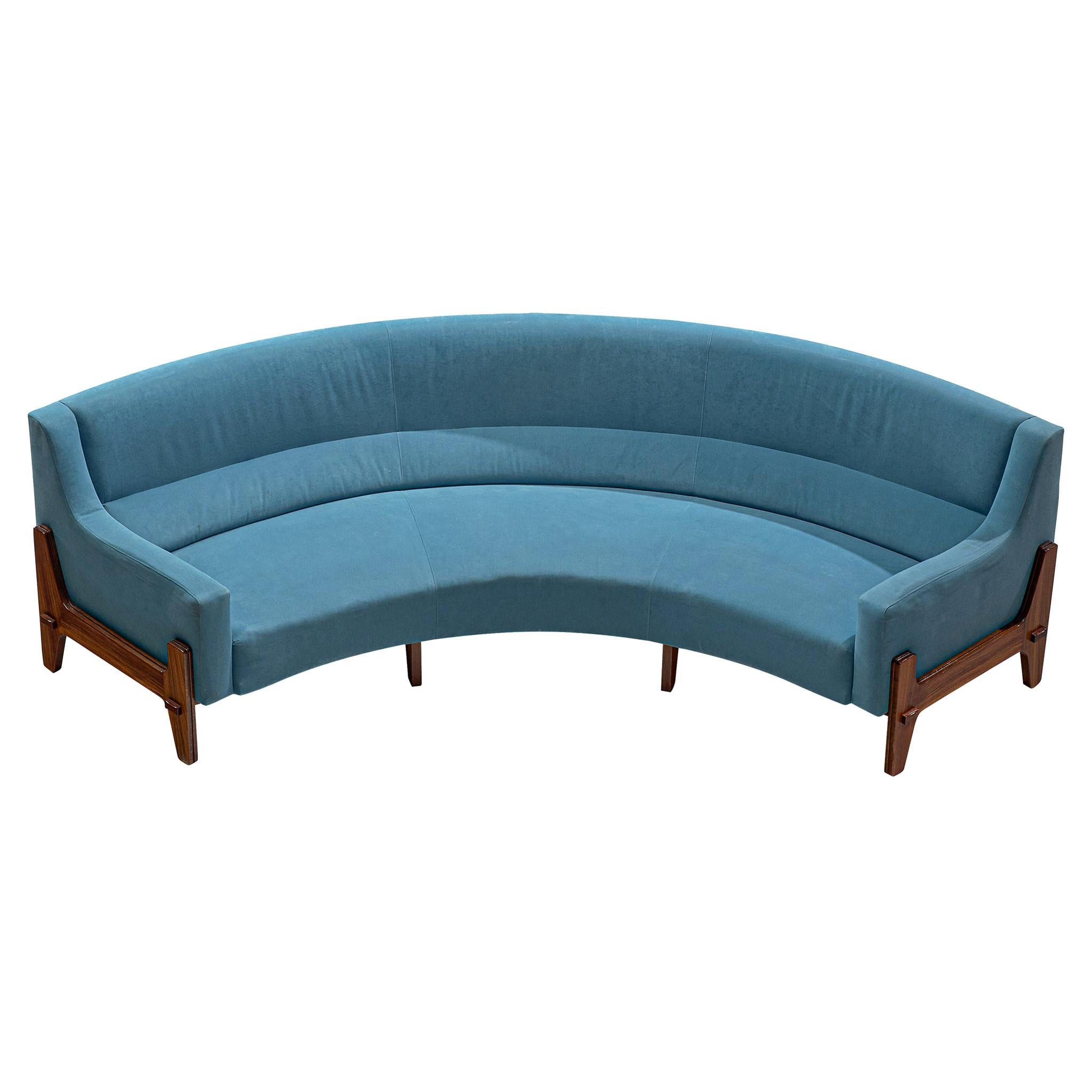 Italian Curved Sofa in Rosewood and Sky Blue Upholstery