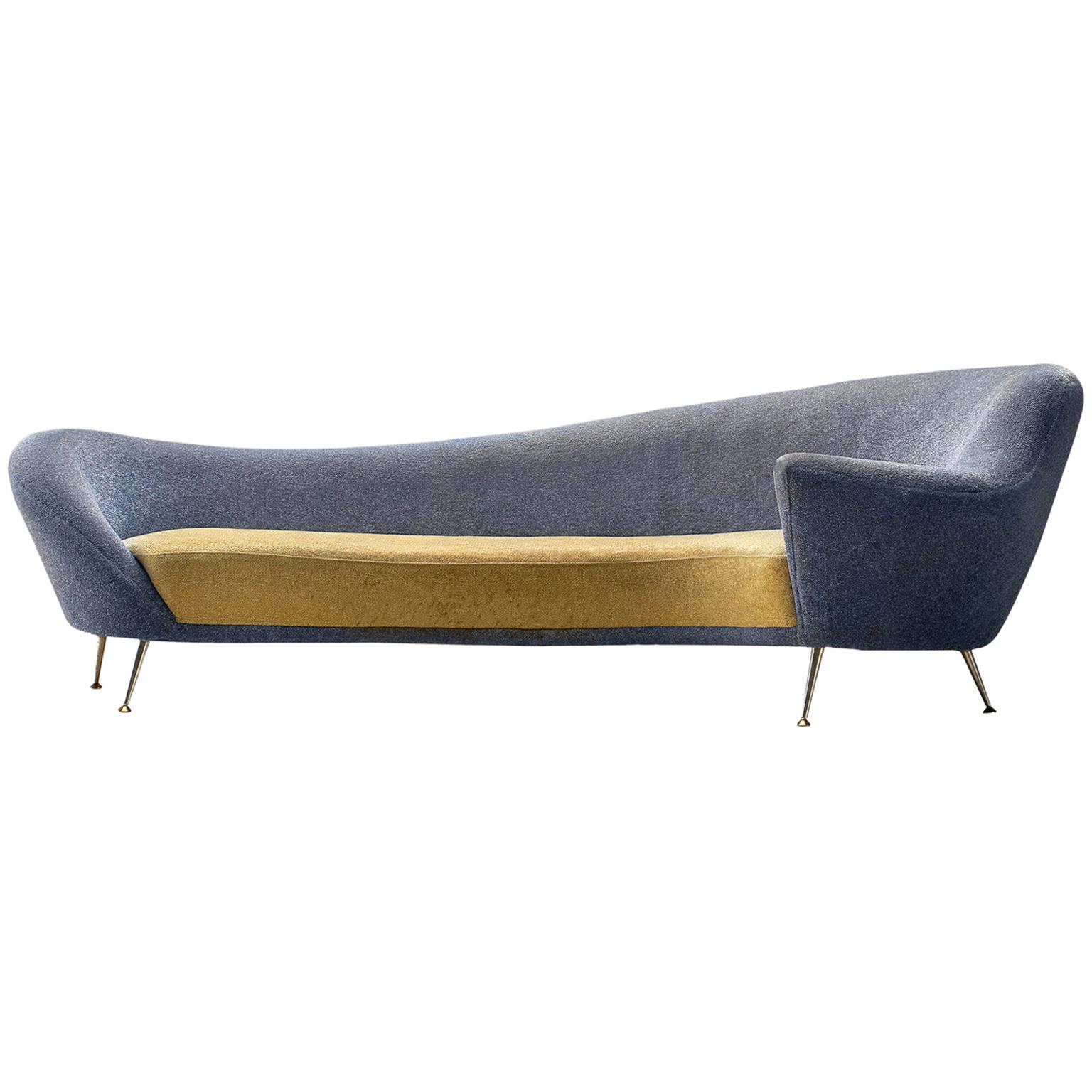 Italian Curved Sofa with Tall Brass Legs