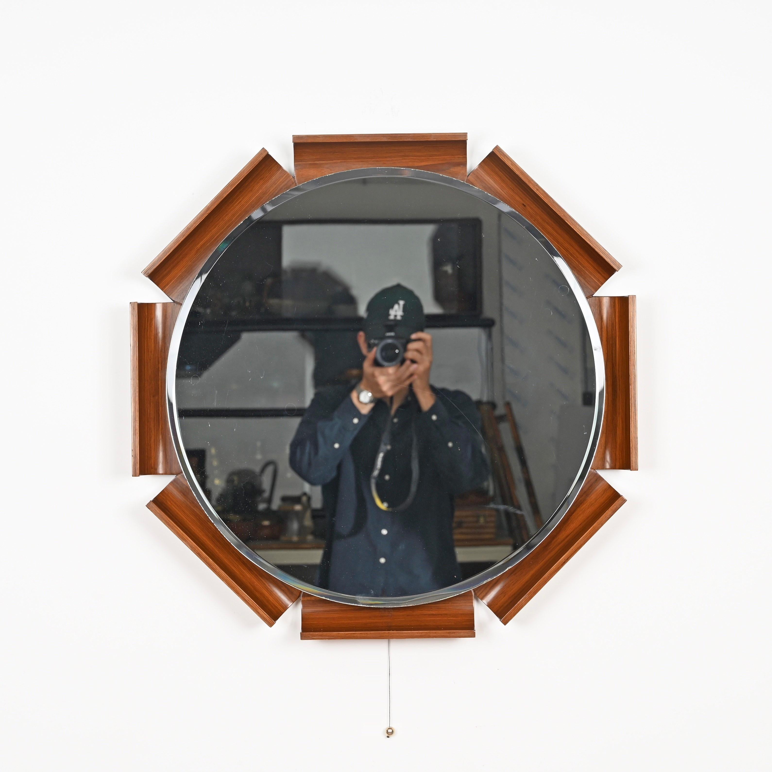 Italian Curved Teak Backlit Bevel Mirror by Ico Parisi for ISA, 1968 For Sale 6