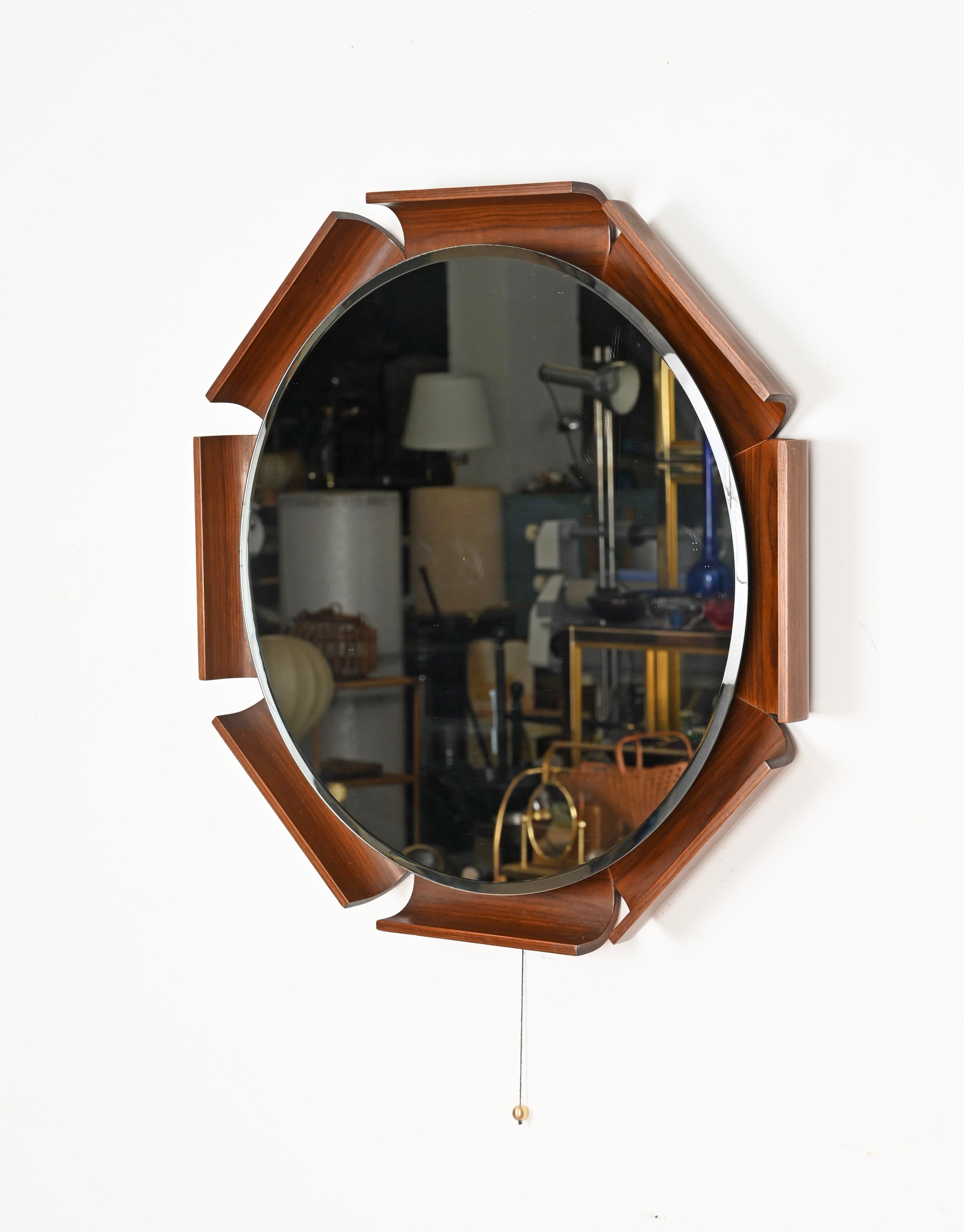 Beveled Italian Curved Teak Backlit Bevel Mirror by Ico Parisi for ISA, 1968 For Sale