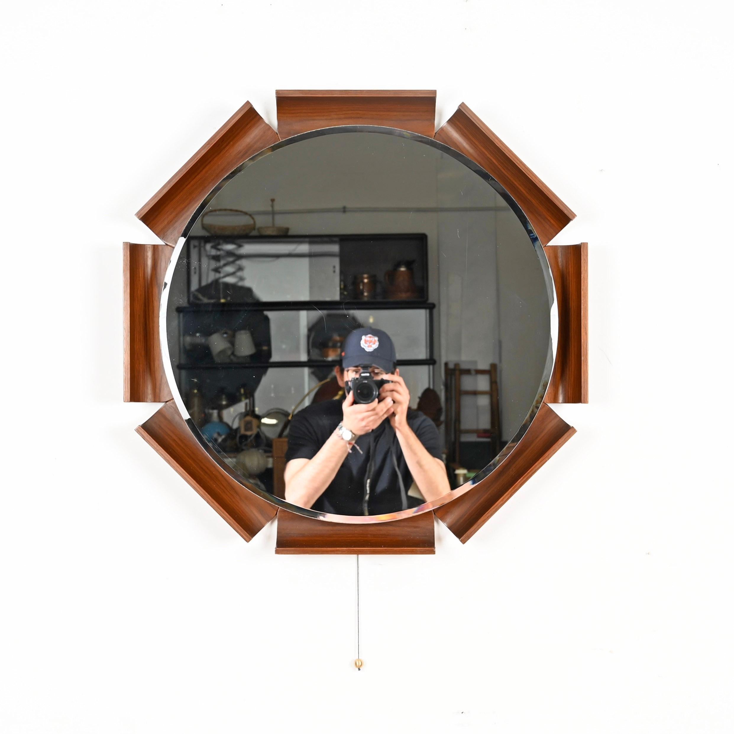 Mid-20th Century Italian Curved Teak Backlit Bevel Mirror by Ico Parisi for ISA, 1968 For Sale