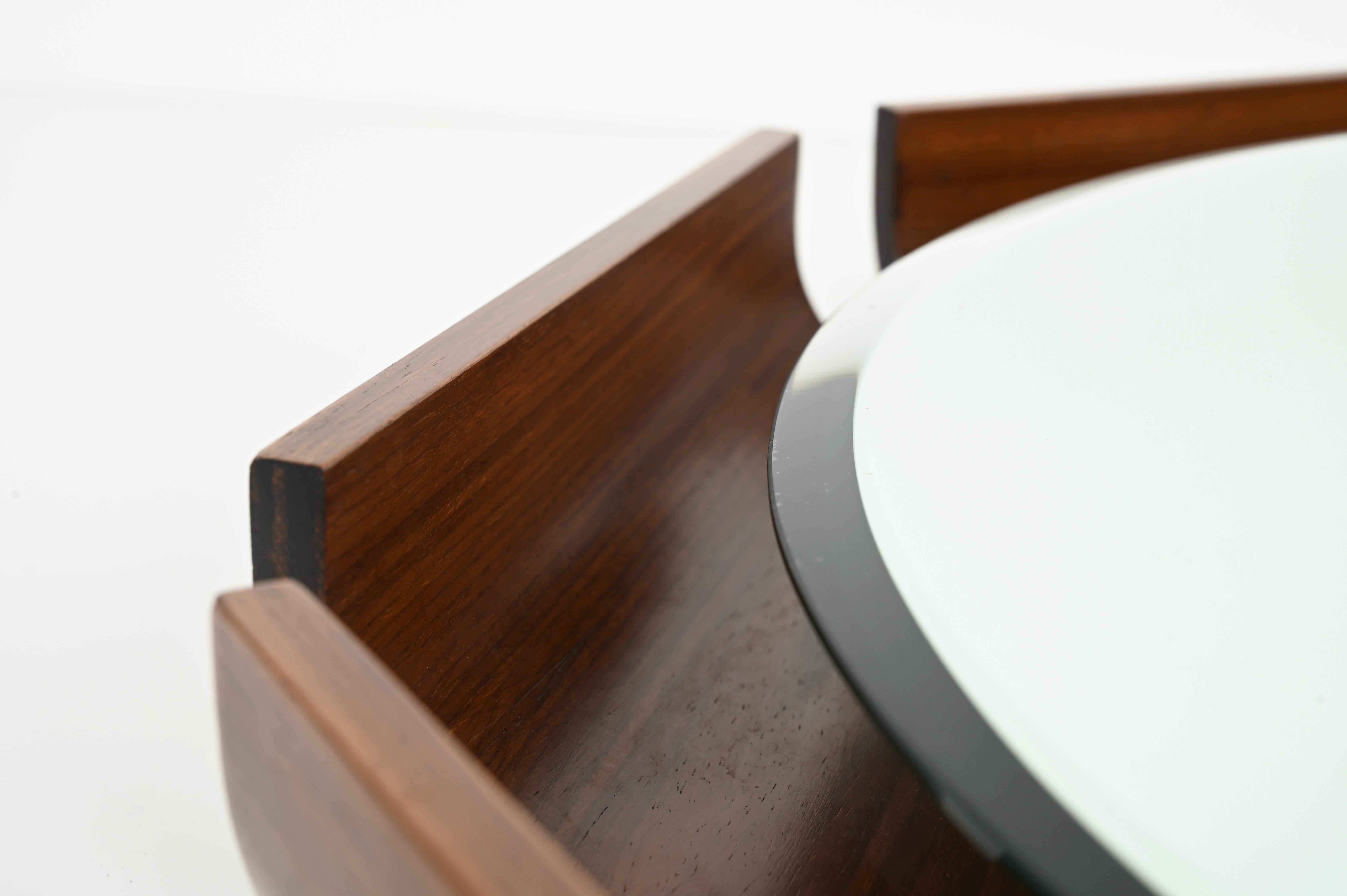 Glass Italian Curved Teak Backlit Bevel Mirror by Ico Parisi for ISA, 1968