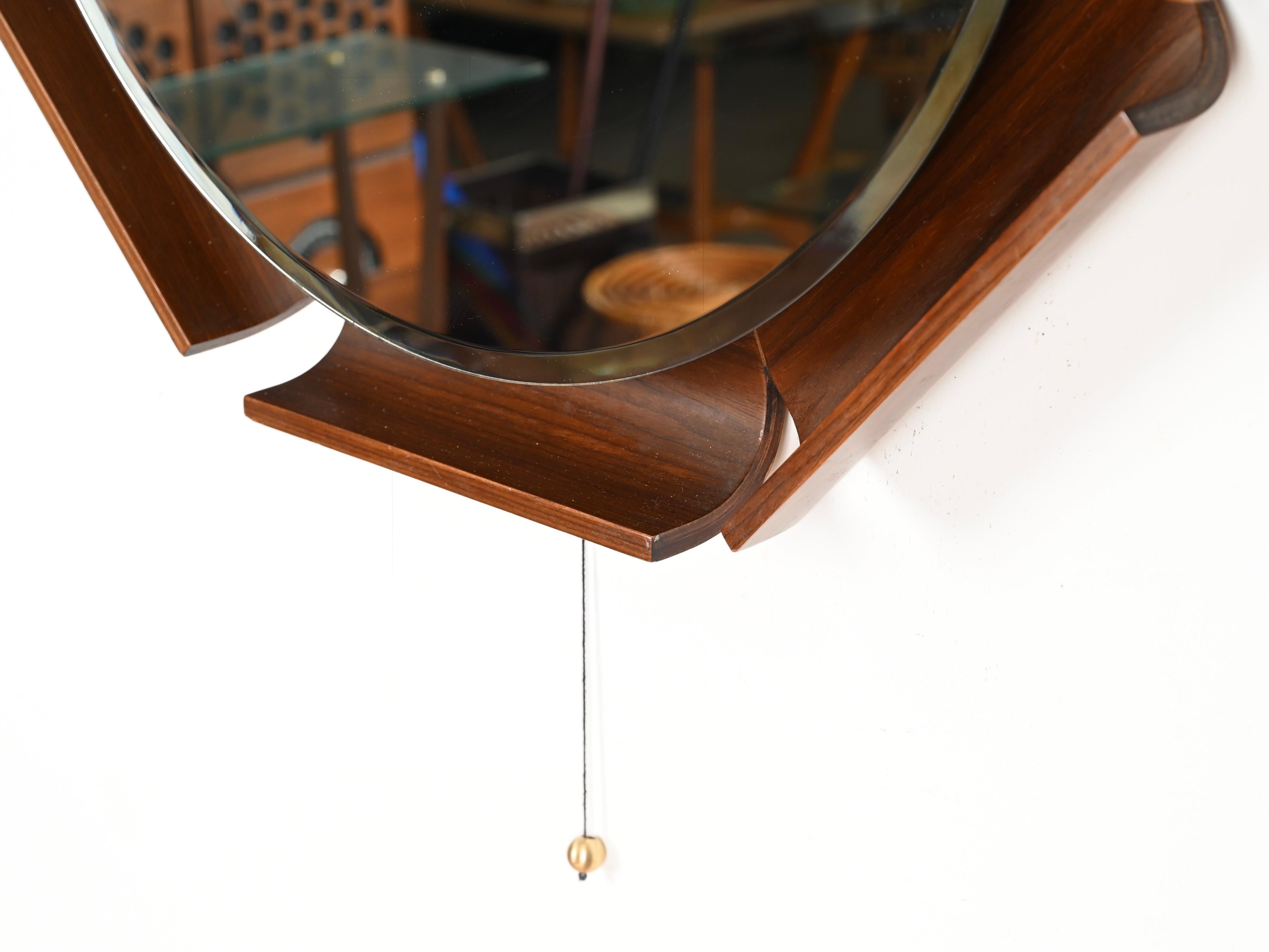 Crystal Italian Curved Teak Backlit Bevel Mirror by Ico Parisi for ISA, 1968 For Sale