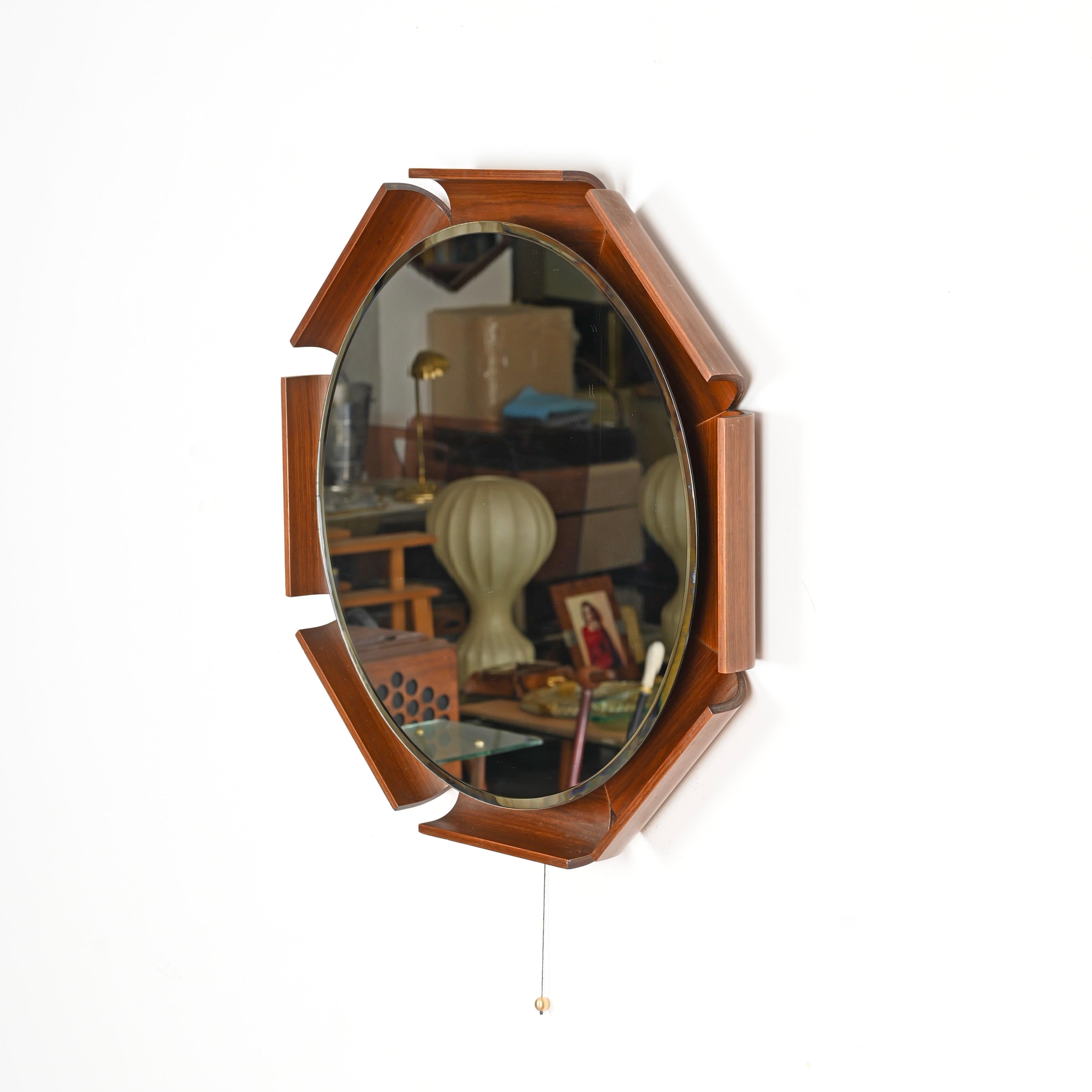 Italian Curved Teak Backlit Bevel Mirror by Ico Parisi for ISA, 1968 For Sale 1