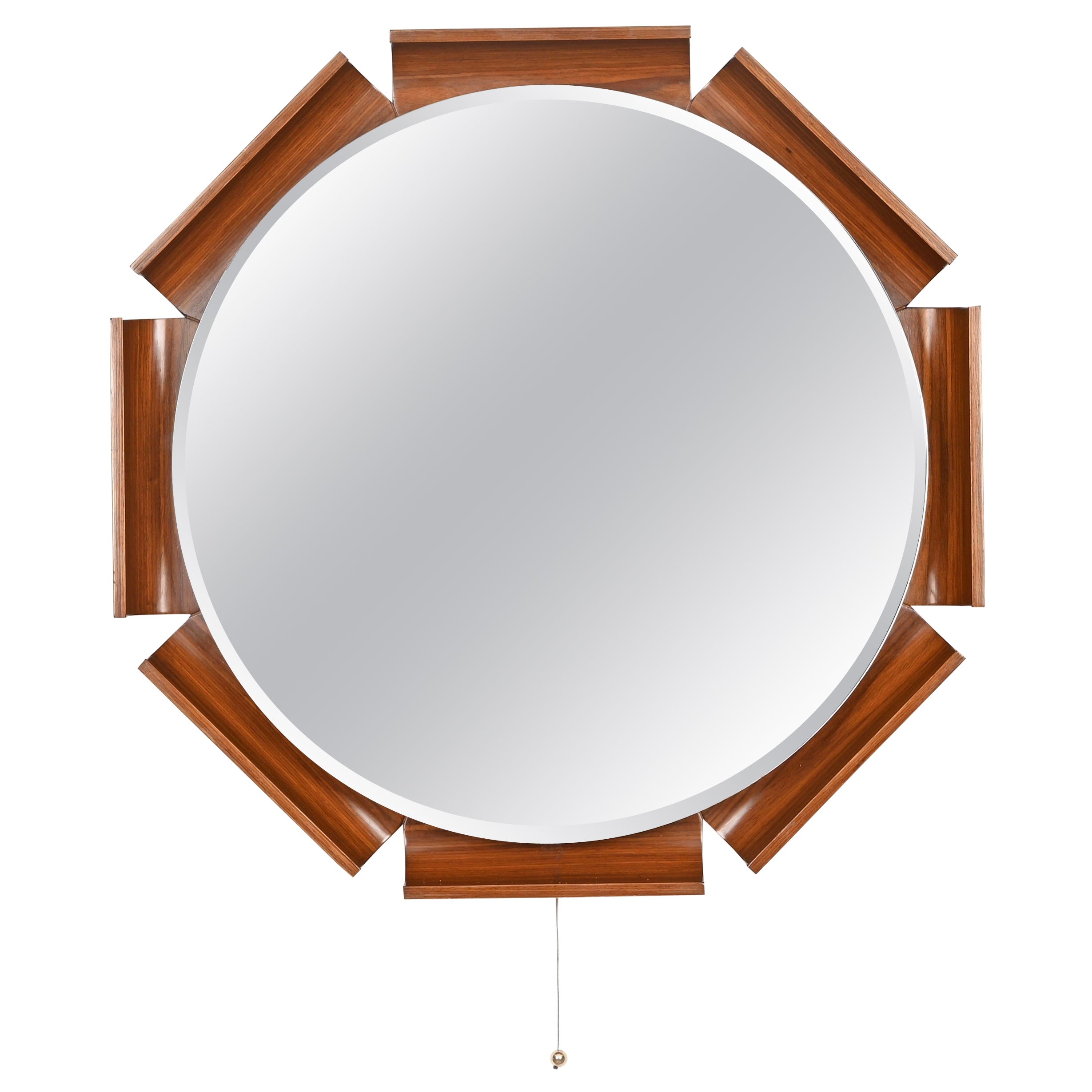 Italian Curved Teak Backlit Bevel Mirror by Ico Parisi for ISA, 1968