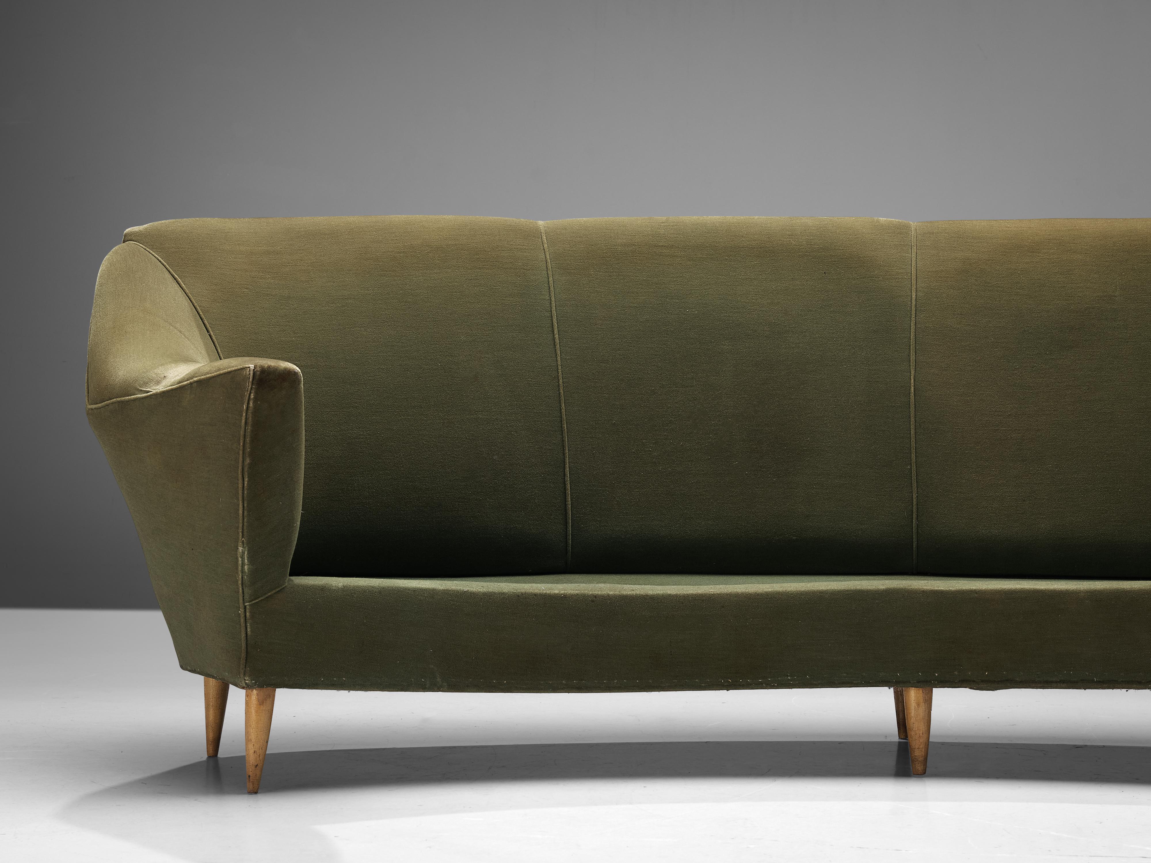 Mid-Century Modern Italian Curved Three-Seat Sofa in Light Green Upholstery For Sale