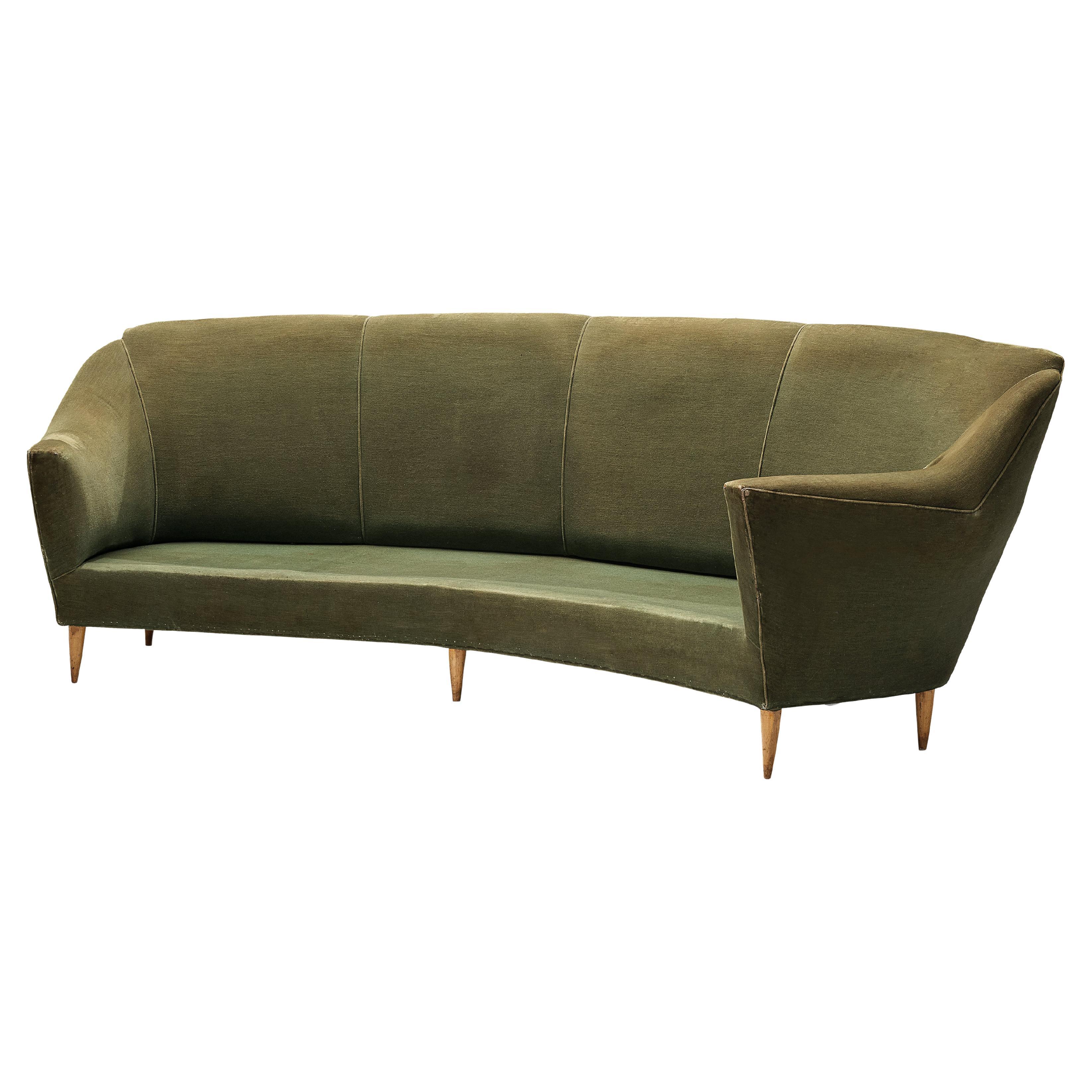 Italian Curved Three-Seat Sofa in Light Green Upholstery For Sale