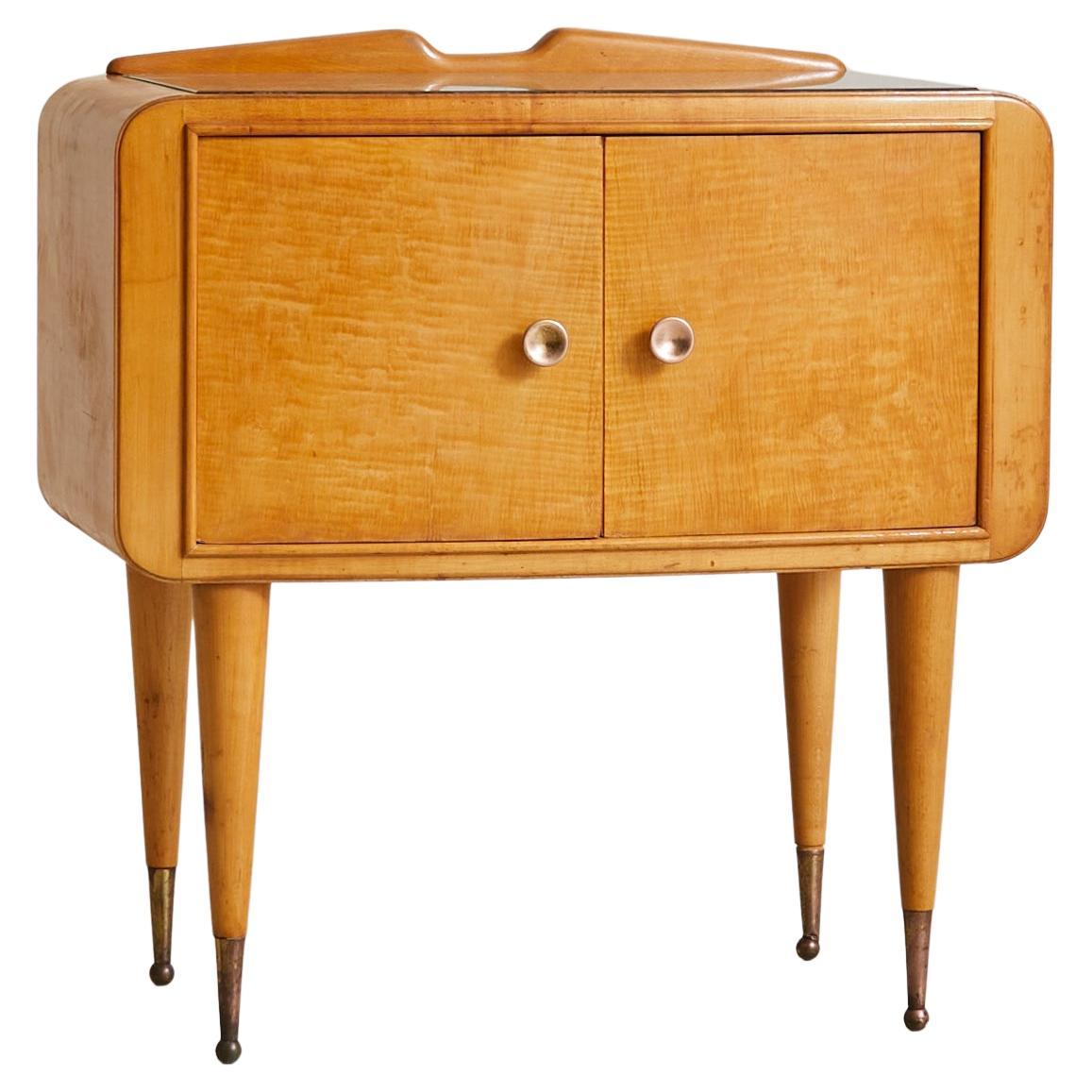 Italian Curved Wood Nightstand with Inset Glass Top, 1950s - 2 Available en vente