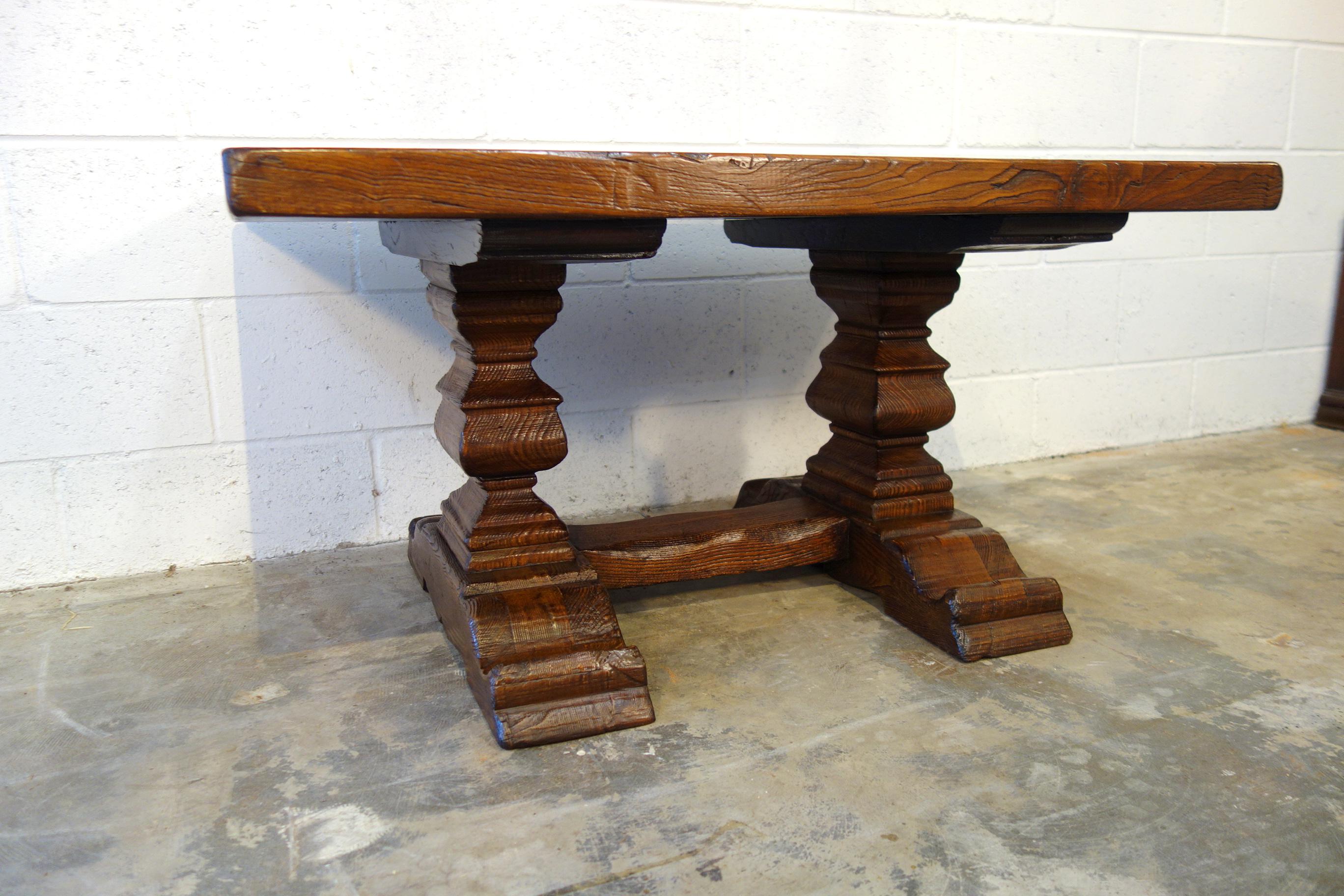 Baroque 17th Century Style Rustic Italian 2 Pedestal Old Chestnut Table Line Custom Size For Sale