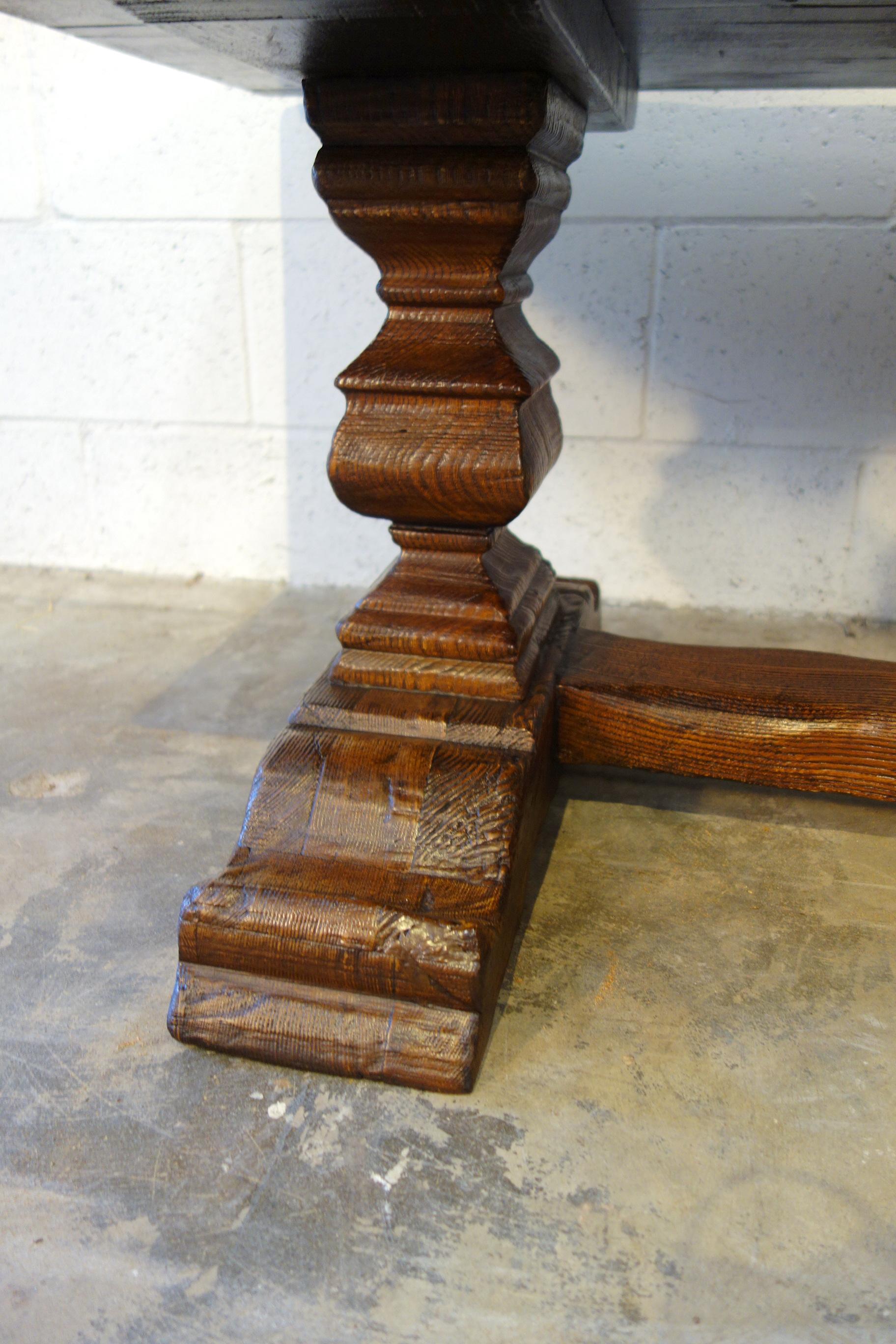 Hand-Crafted 17th Century Style Rustic Italian 2 Pedestal Old Chestnut Table Line Custom Size For Sale