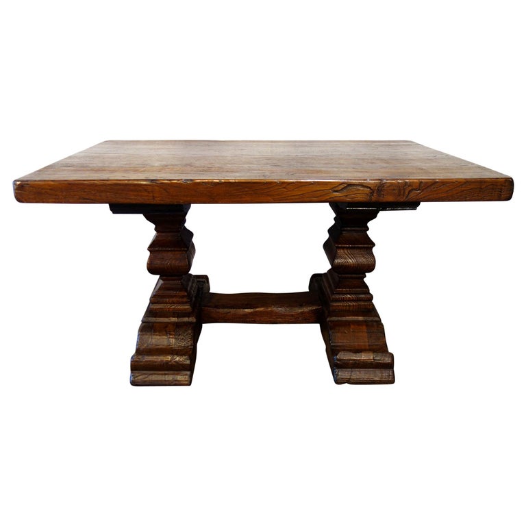 17th Century Style Rustic Italian 2 Pedestal Old Chestnut Table Line
