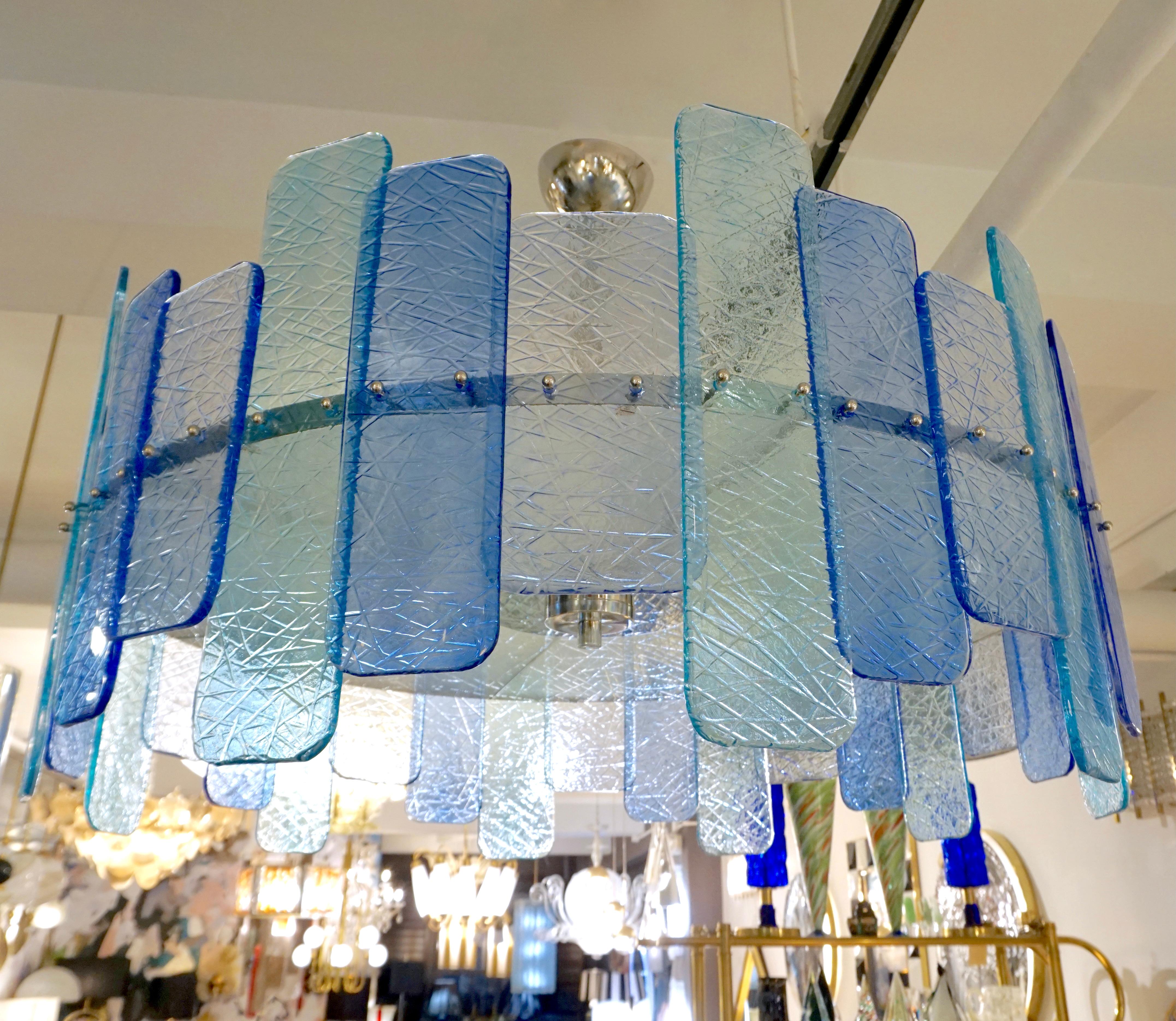 Italian Custom Aquamarine Cobalt Blue Texture Murano Glass Chandelier/Flushmount For Sale 3