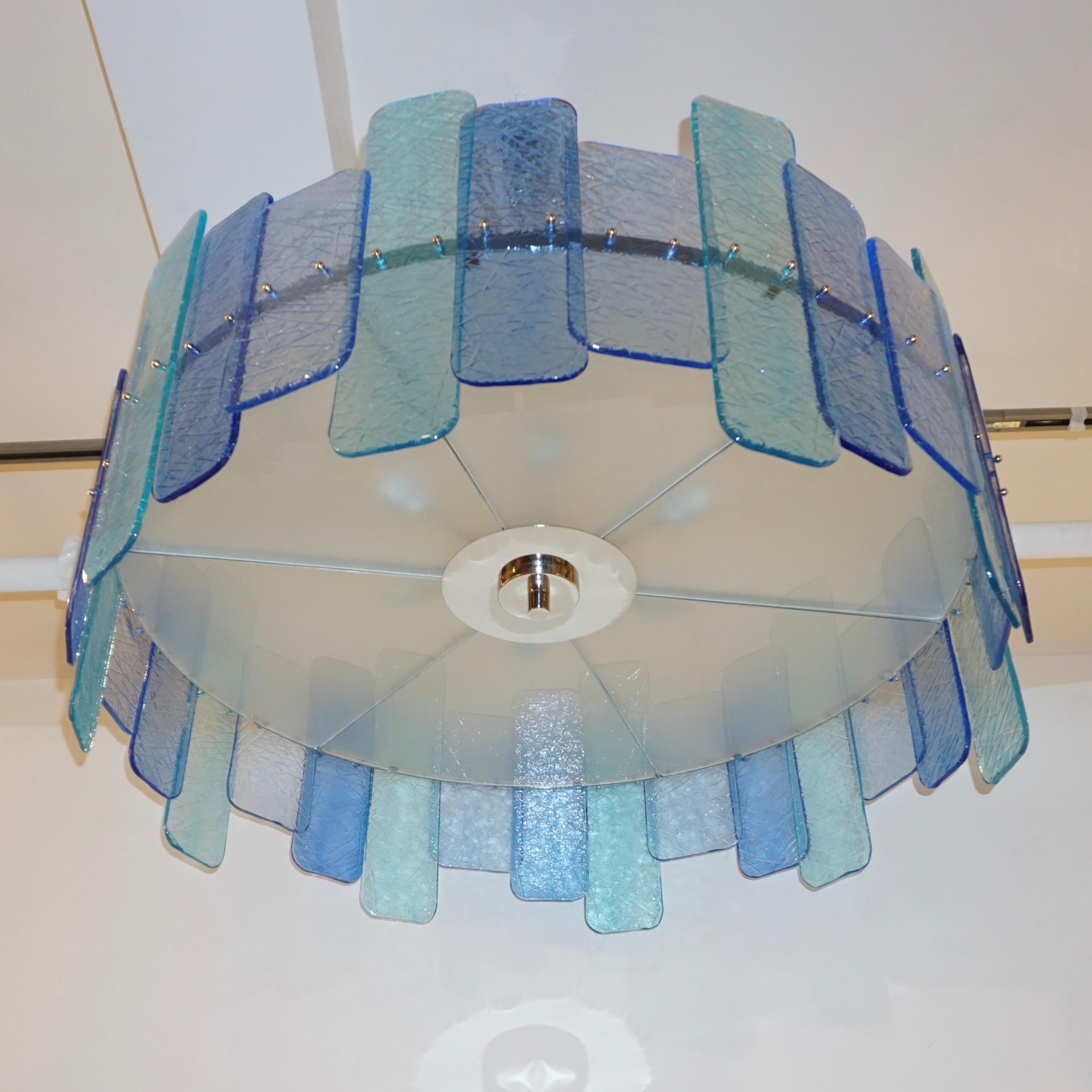 Hand-Crafted Italian Custom Aquamarine Cobalt Blue Texture Murano Glass Chandelier/Flushmount For Sale