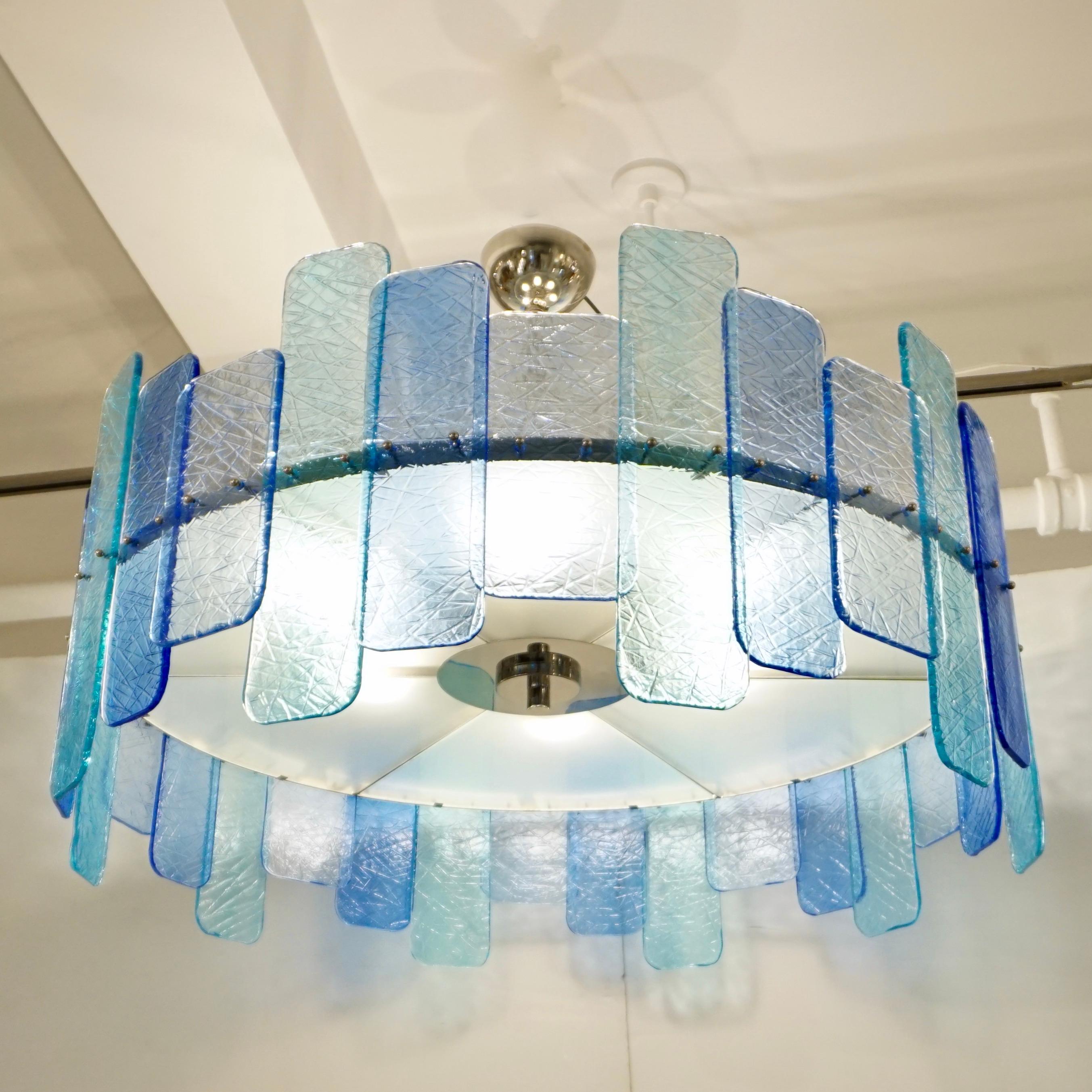 Art Glass Italian Custom Aquamarine Cobalt Blue Texture Murano Glass Chandelier/Flushmount For Sale