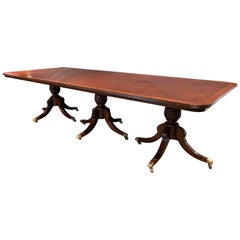 Italian Custom Mahogany Triple Pedestal Dining Table with Banded Inlay