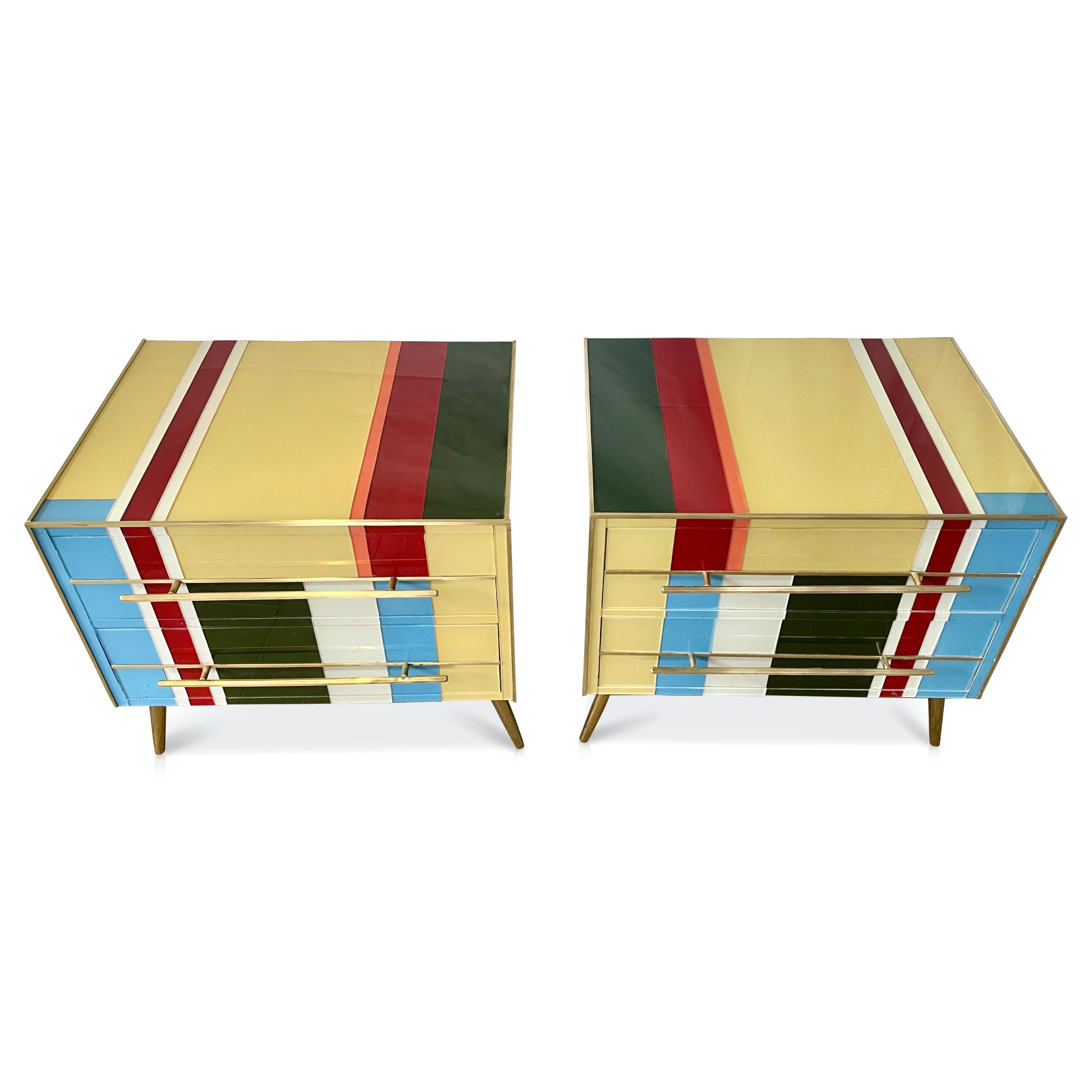 Post-Modern  Italian Custom Pair of Mondrian Style Blue Green Yellow Glass Chests/End Tables