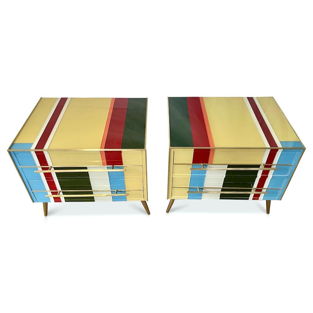 Post-Modern Italian Custom Pair of Mondrian Style Blue Green Yellow Glass Chests/End Tables