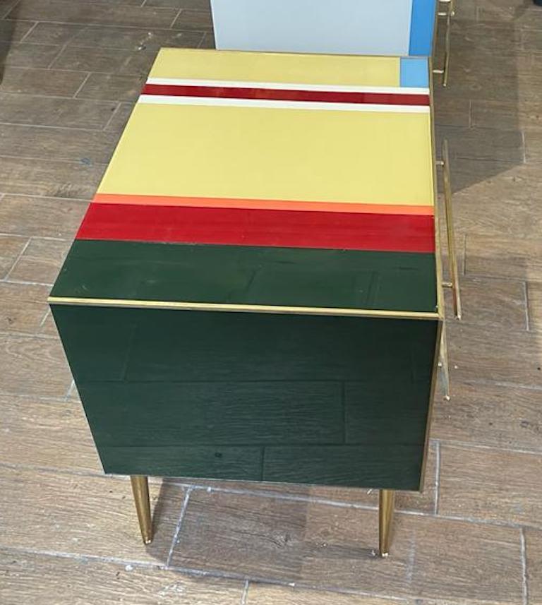 Hand-Crafted  Italian Custom Pair of Mondrian Style Blue Green Yellow Glass Chests/End Tables