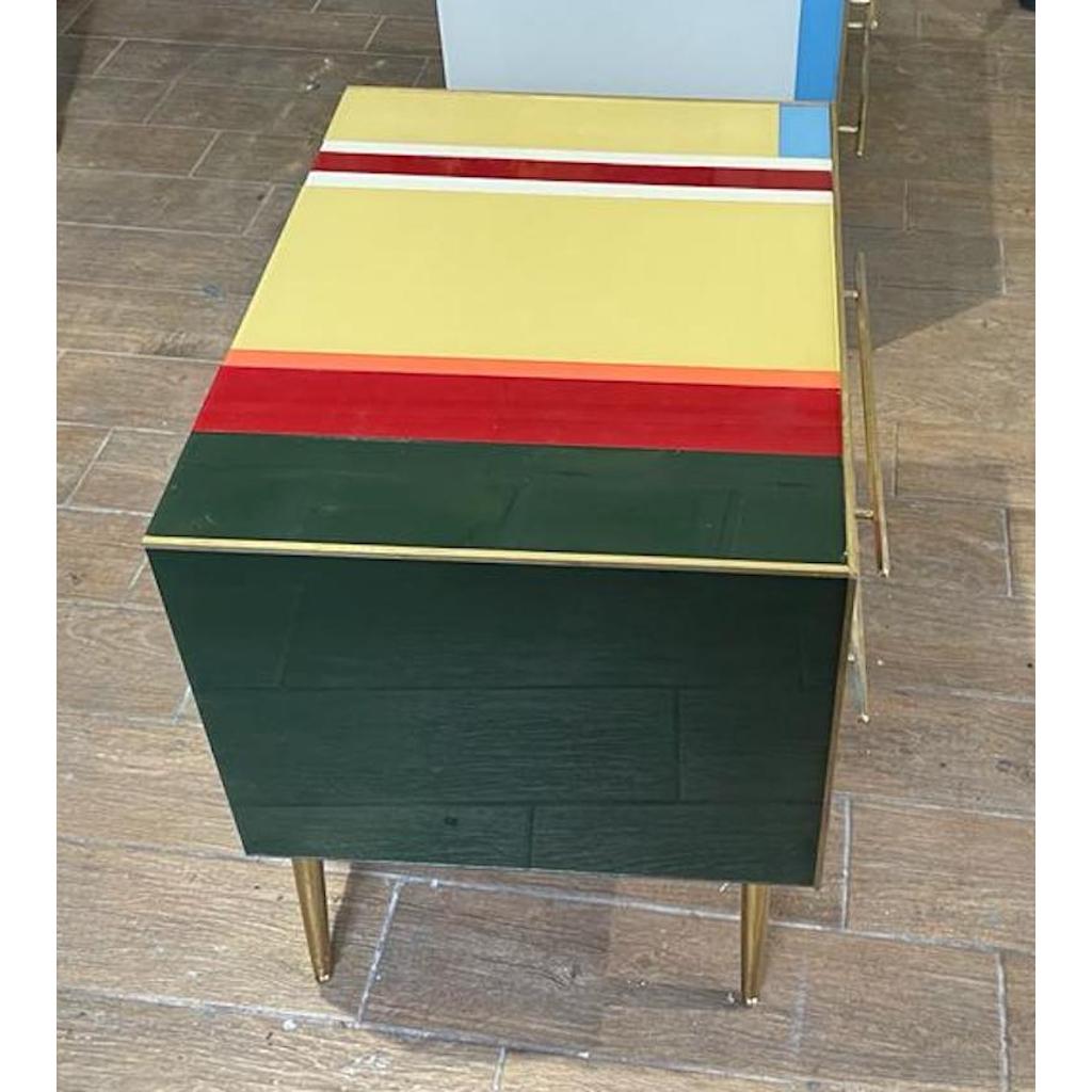 Hand-Crafted Italian Custom Pair of Mondrian Style Blue Green Yellow Glass Chests/End Tables