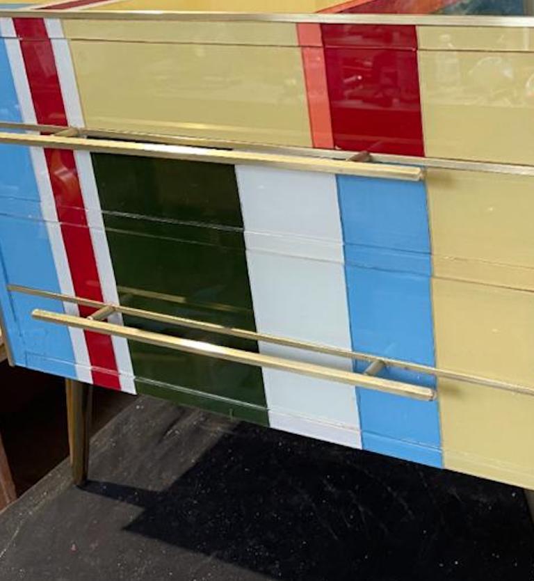  Italian Custom Pair of Mondrian Style Blue Green Yellow Glass Chests/End Tables In New Condition In New York, NY