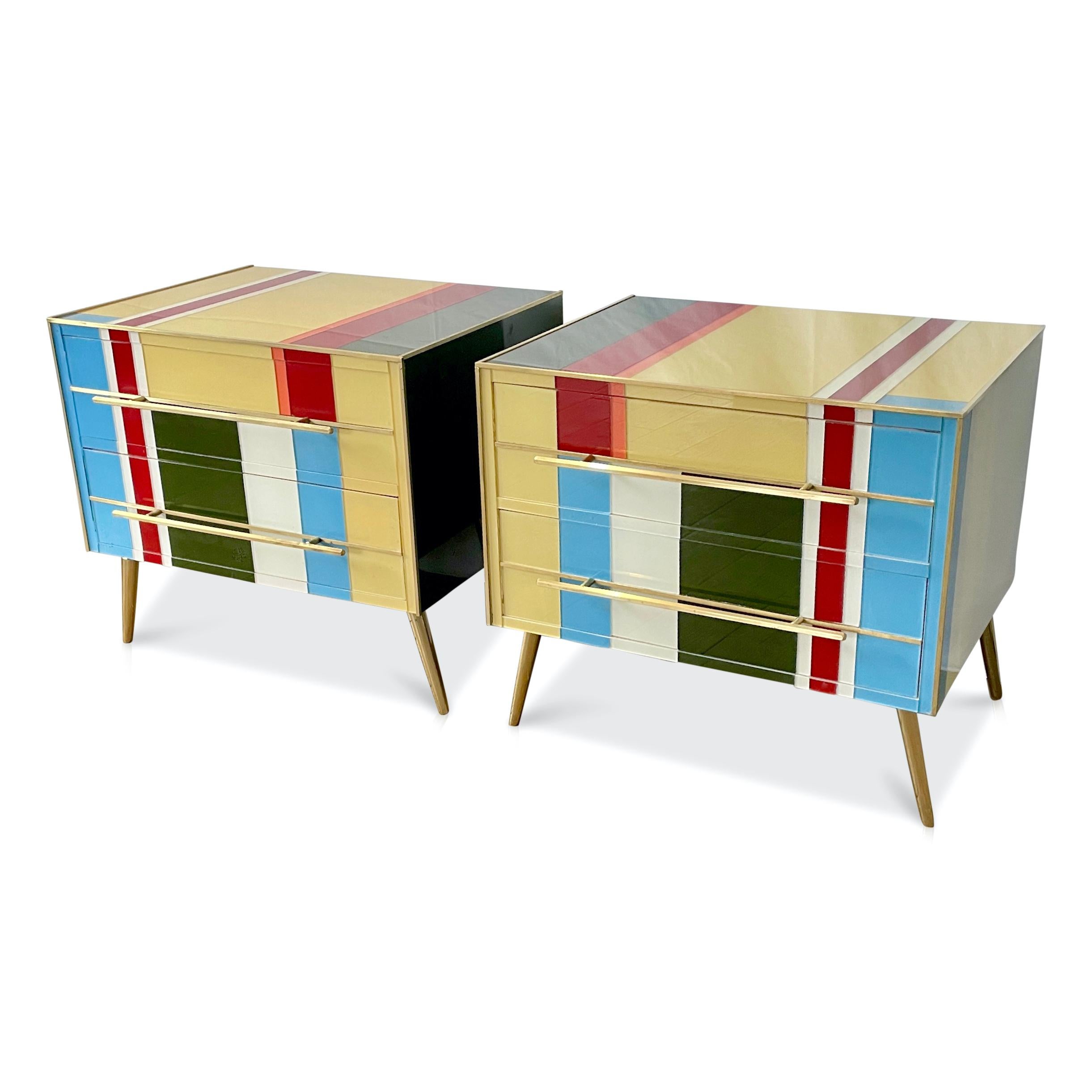 Contemporary  Italian Custom Pair of Mondrian Style Blue Green Yellow Glass Chests/End Tables