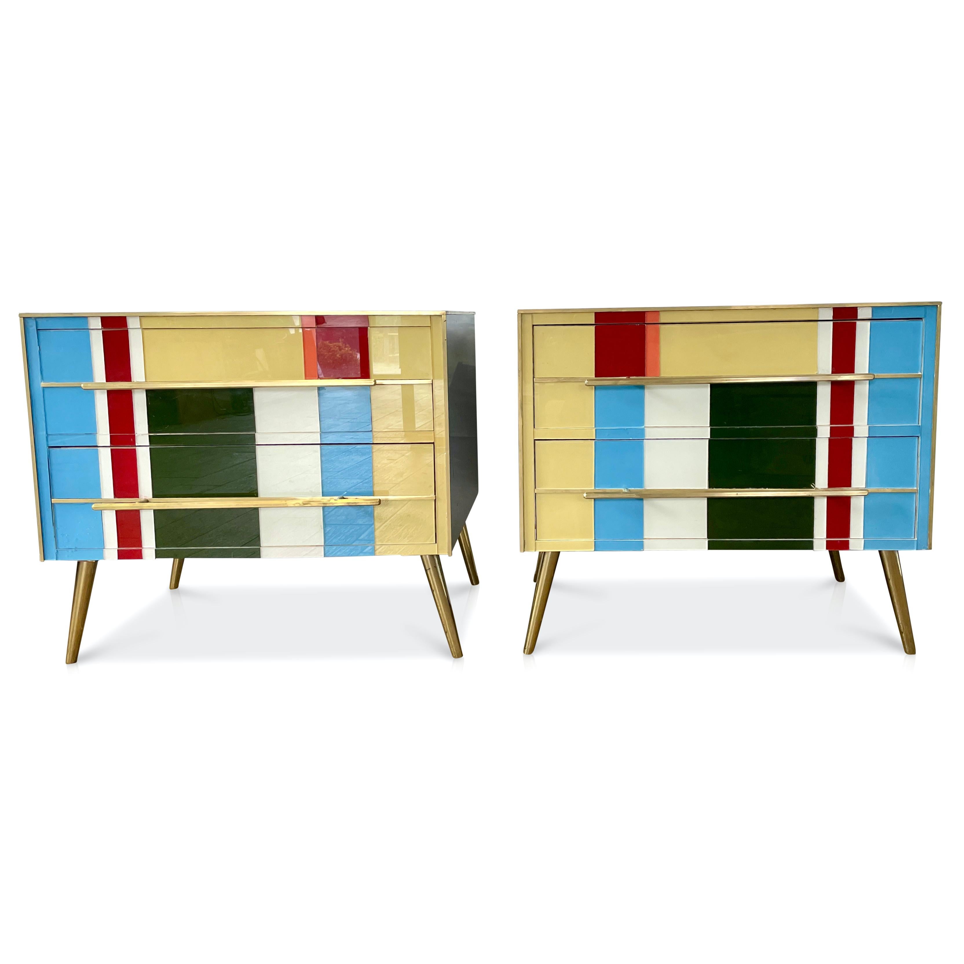 Brass  Italian Custom Pair of Mondrian Style Blue Green Yellow Glass Chests/End Tables