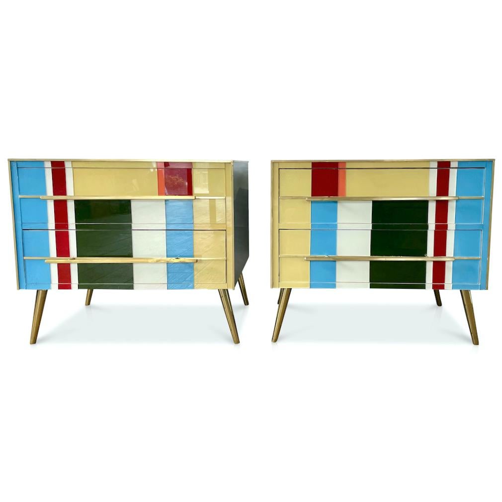 Brass Italian Custom Pair of Mondrian Style Blue Green Yellow Glass Chests/End Tables