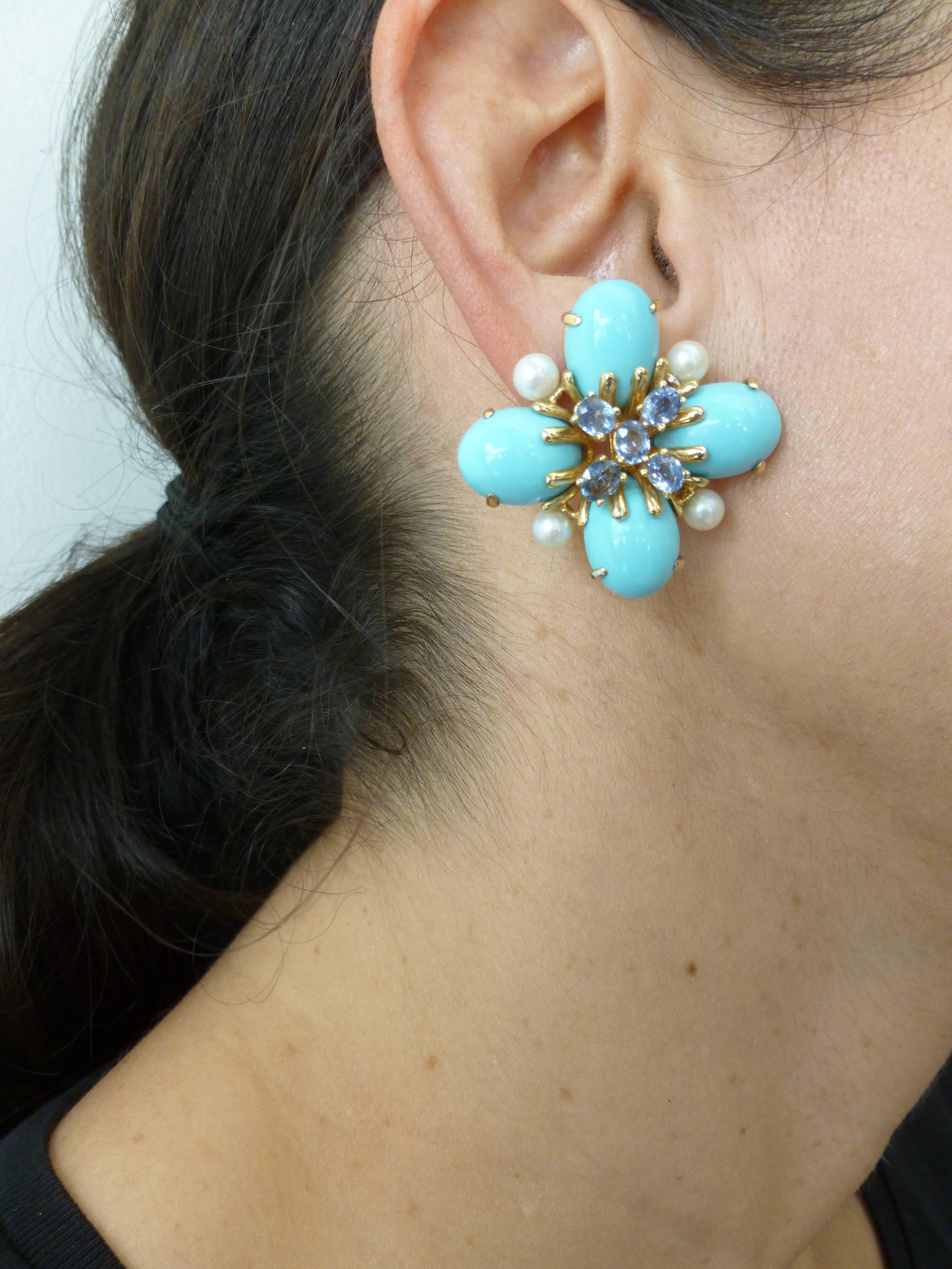 Italian Custom Turquoise Pearl & Sapphire & 18K Gold Clip/Pierced Earrings 5