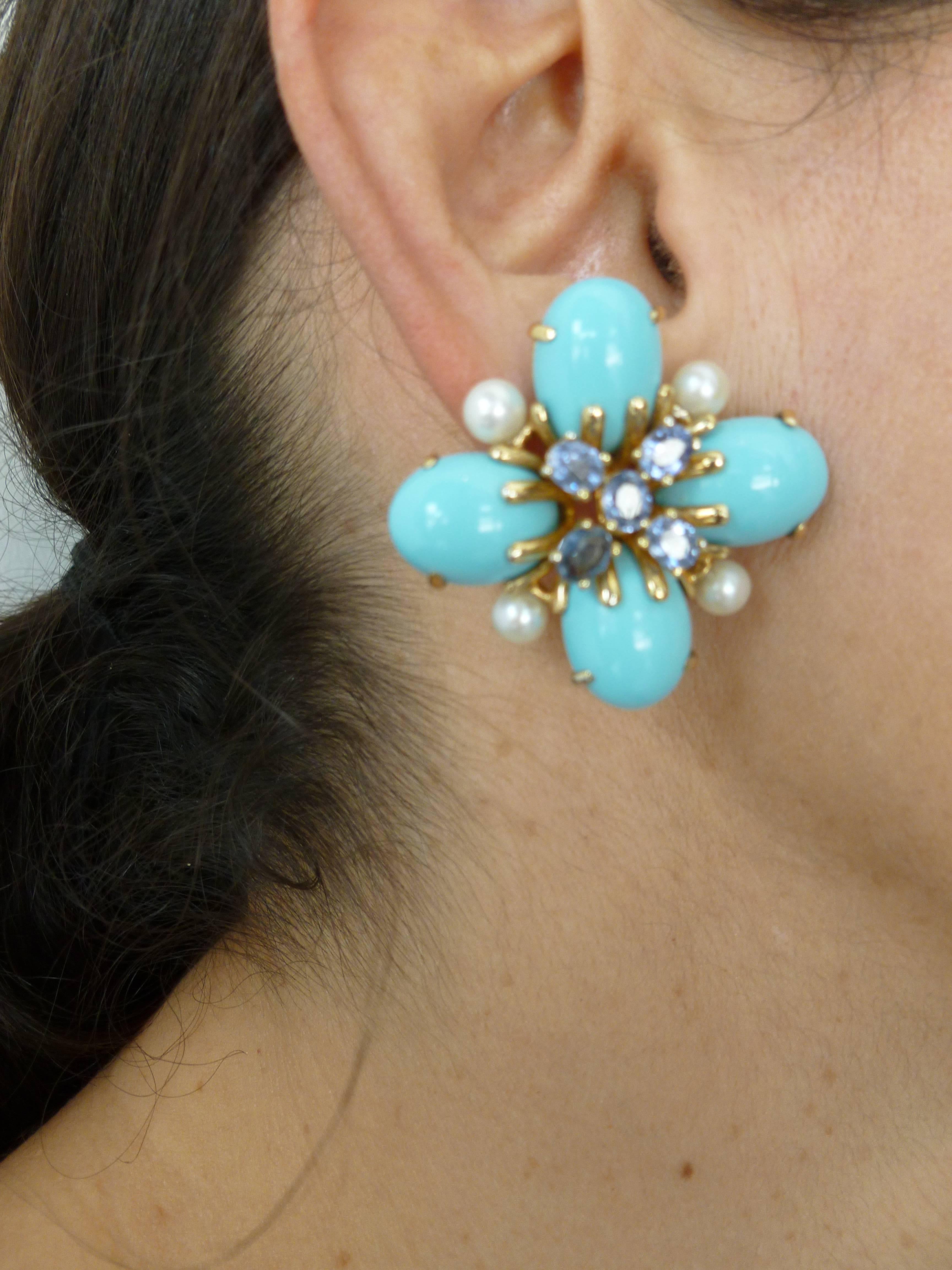 Italian Custom Turquoise Pearl & Sapphire & 18K Gold Clip/Pierced Earrings 6