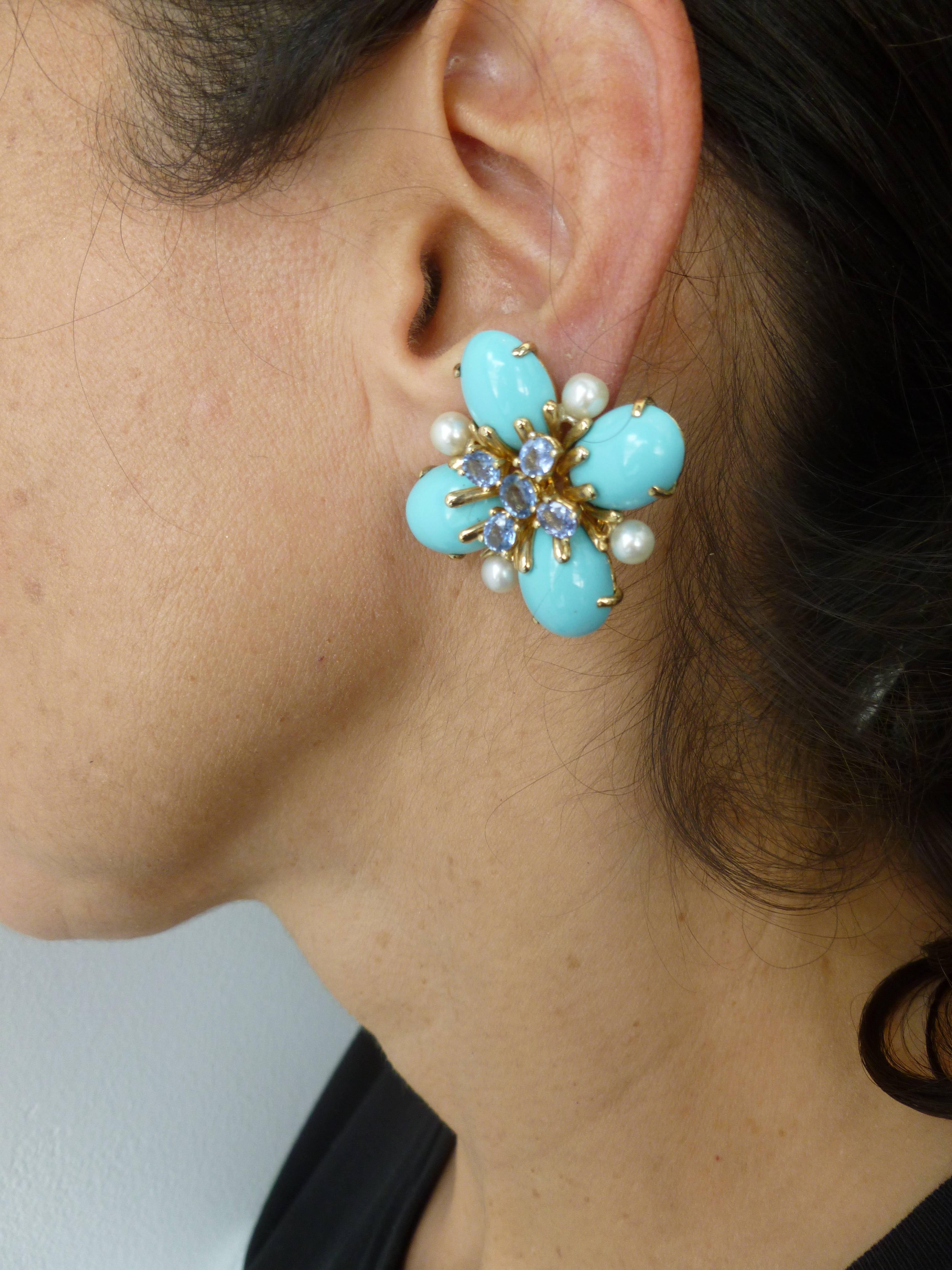 Italian Custom Turquoise Pearl & Sapphire & 18K Gold Clip/Pierced Earrings 7