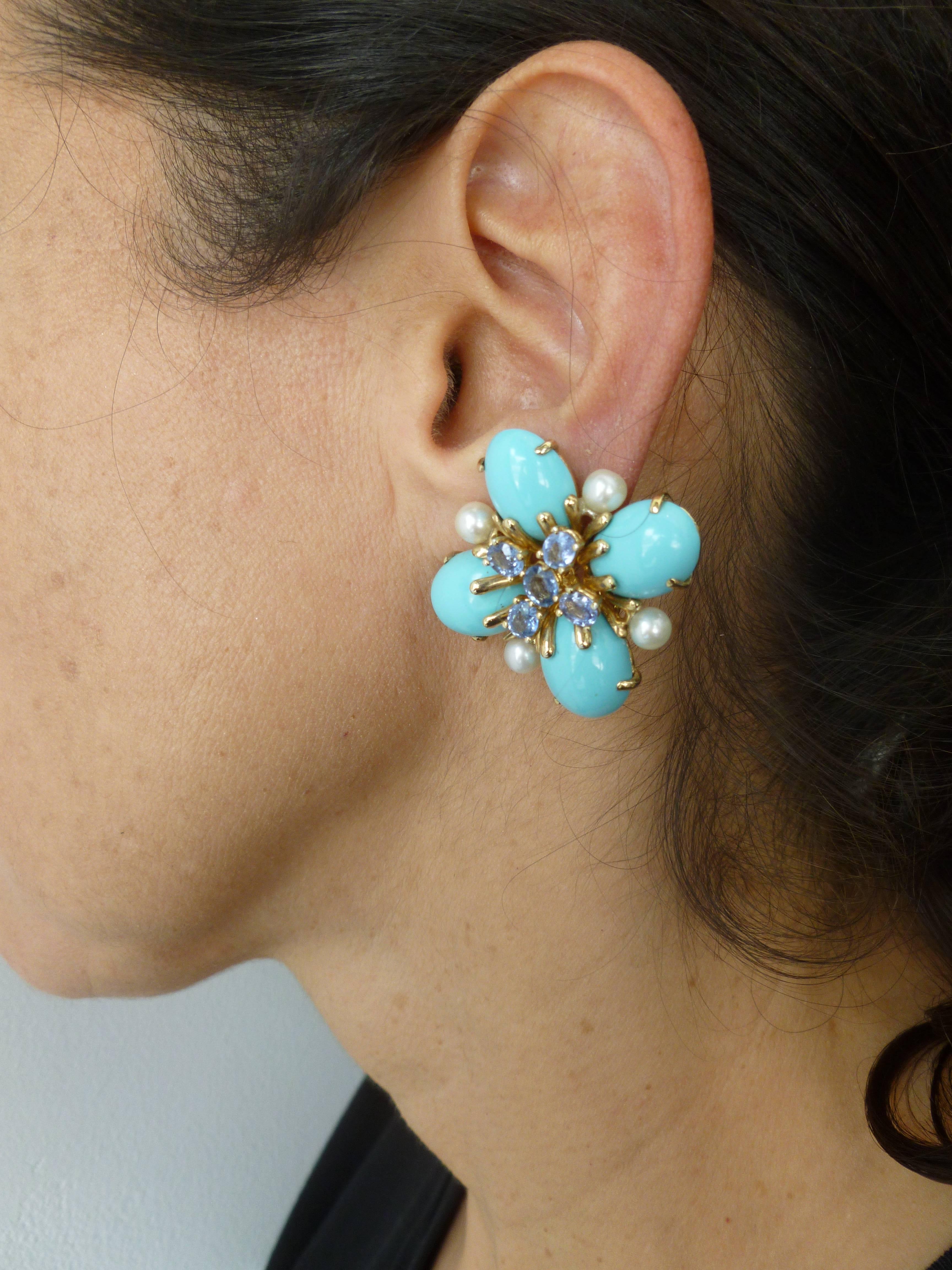 Italian Custom Turquoise Pearl & Sapphire & 18K Gold Clip/Pierced Earrings 8