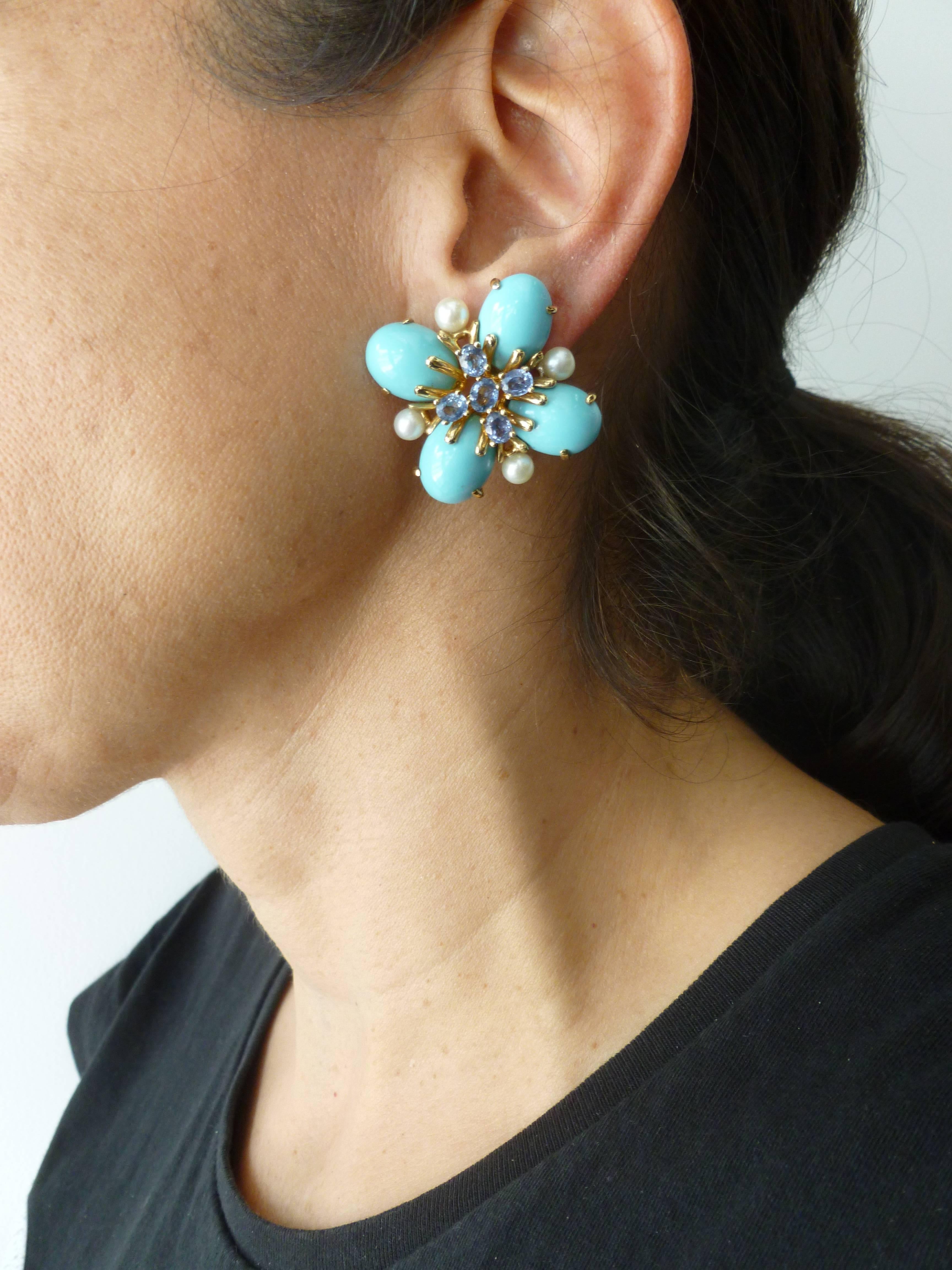 Italian Custom Turquoise Pearl & Sapphire & 18K Gold Clip/Pierced Earrings 9