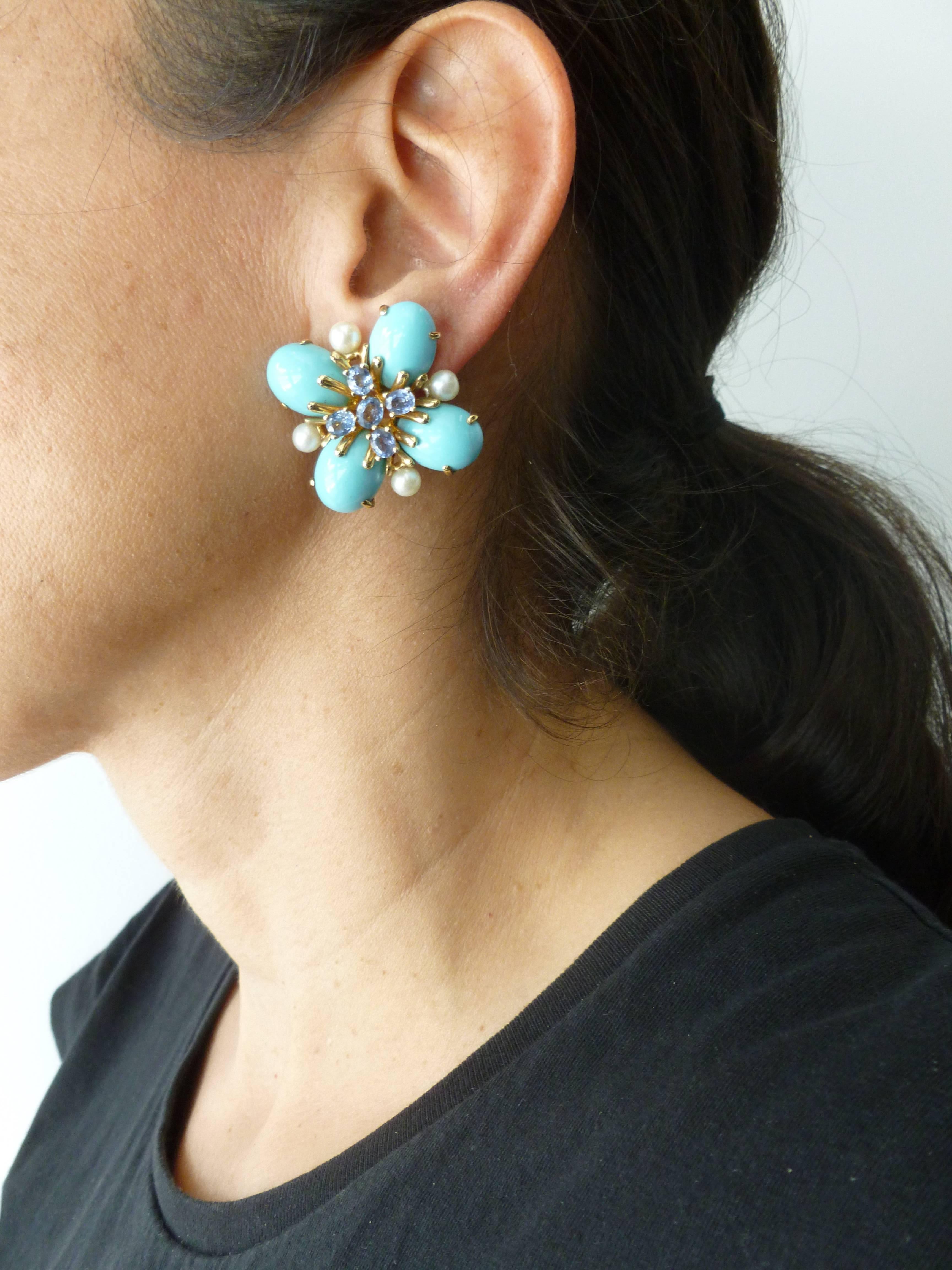 Italian Custom Turquoise Pearl & Sapphire & 18K Gold Clip/Pierced Earrings 10