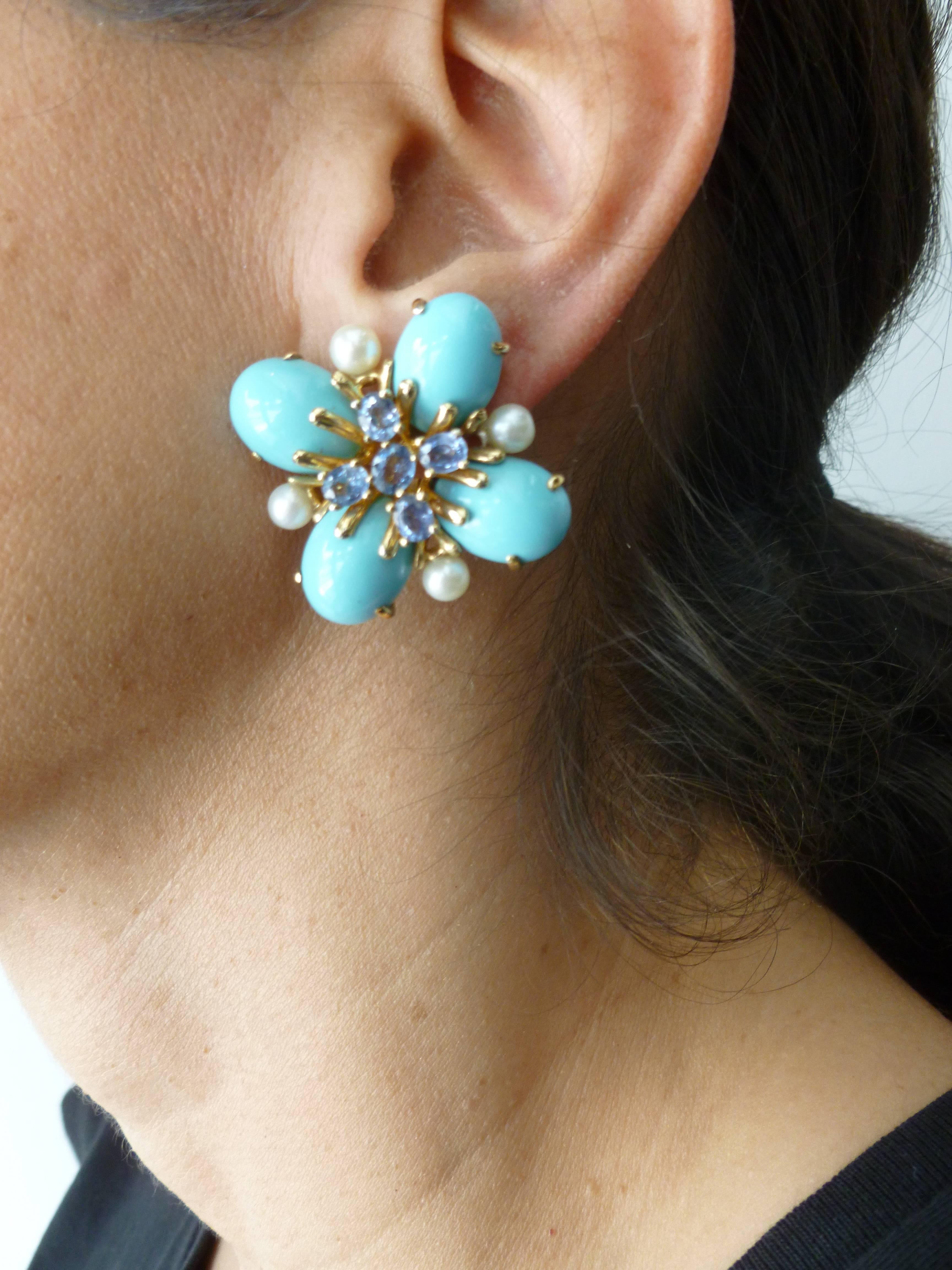 Italian Custom Turquoise Pearl & Sapphire & 18K Gold Clip/Pierced Earrings 12