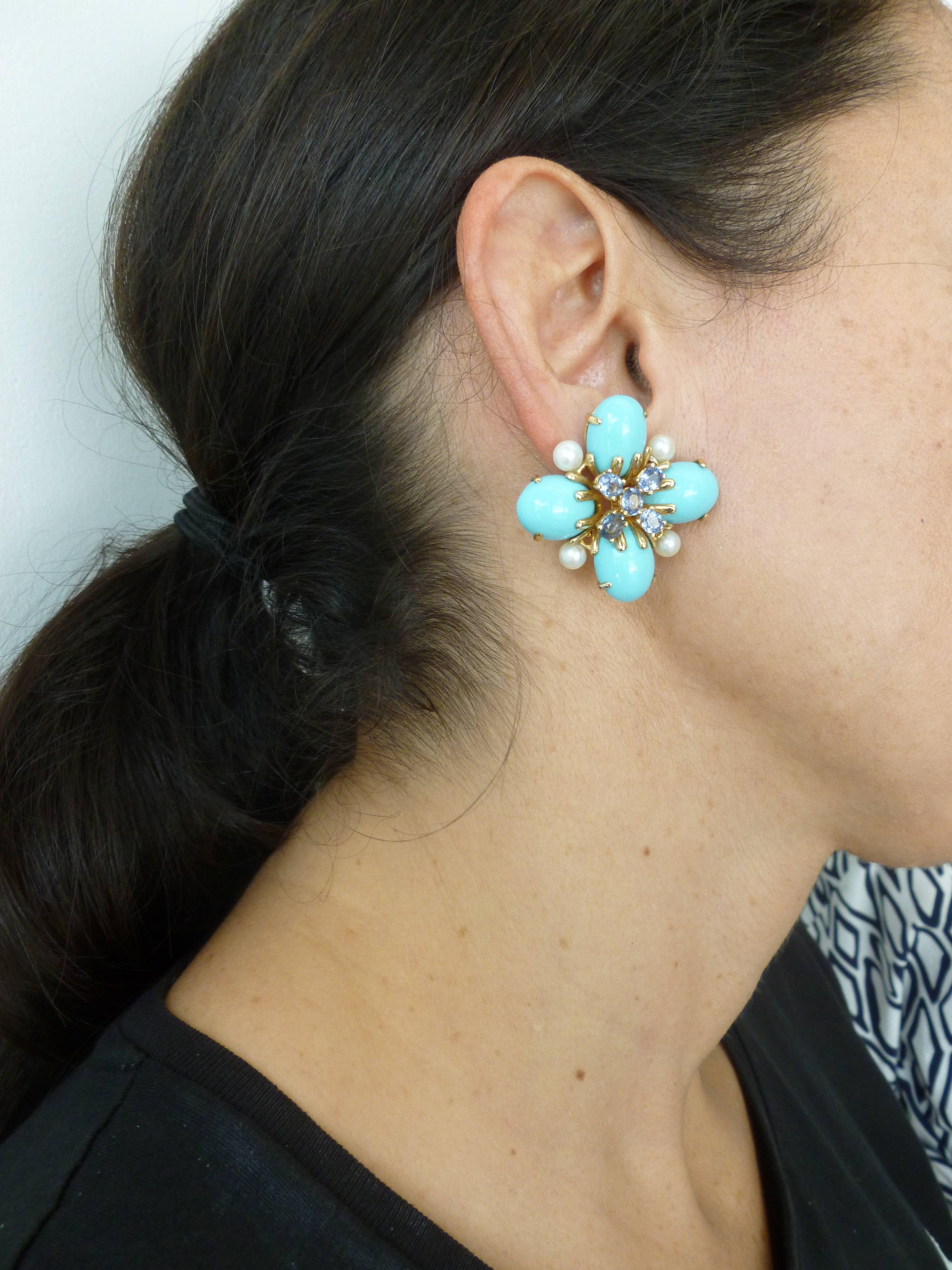 Italian Custom Turquoise Pearl & Sapphire & 18K Gold Clip/Pierced Earrings 4