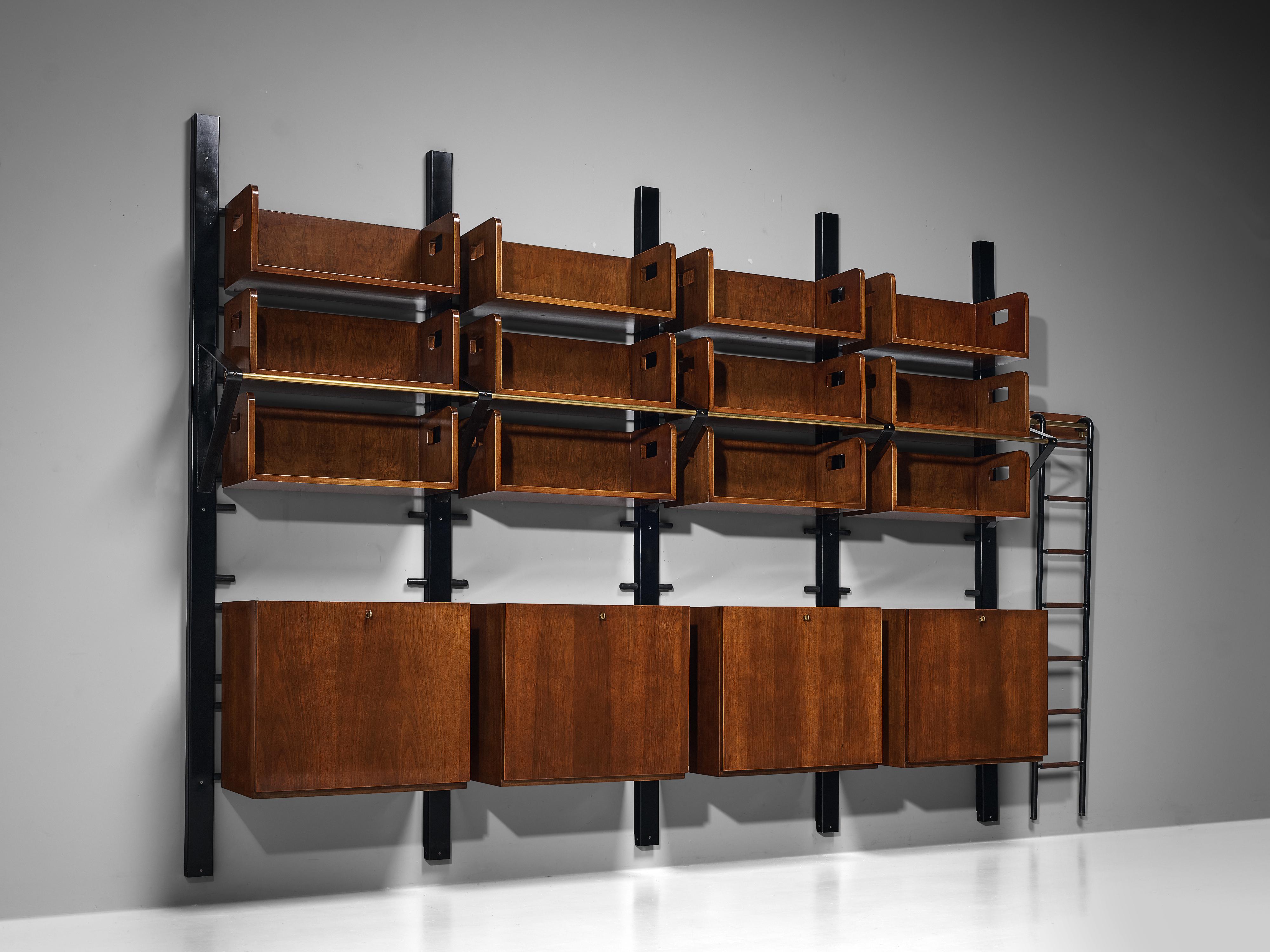 Italian Custom Wall Unit Bookcase with Ladder in Walnut and Iron  For Sale 10