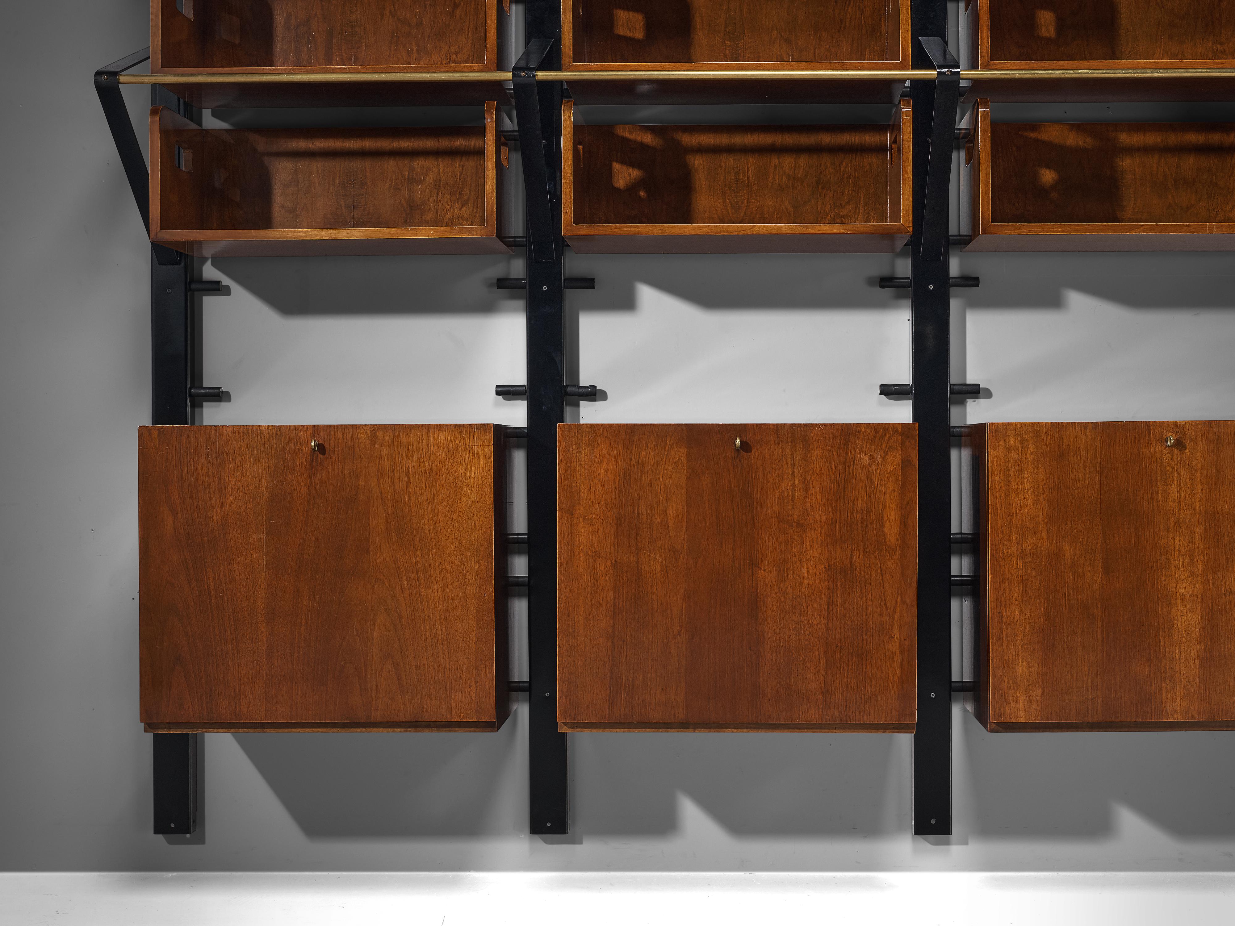 Mid-Century Modern Italian Custom Wall Unit Bookcase with Ladder in Walnut and Iron