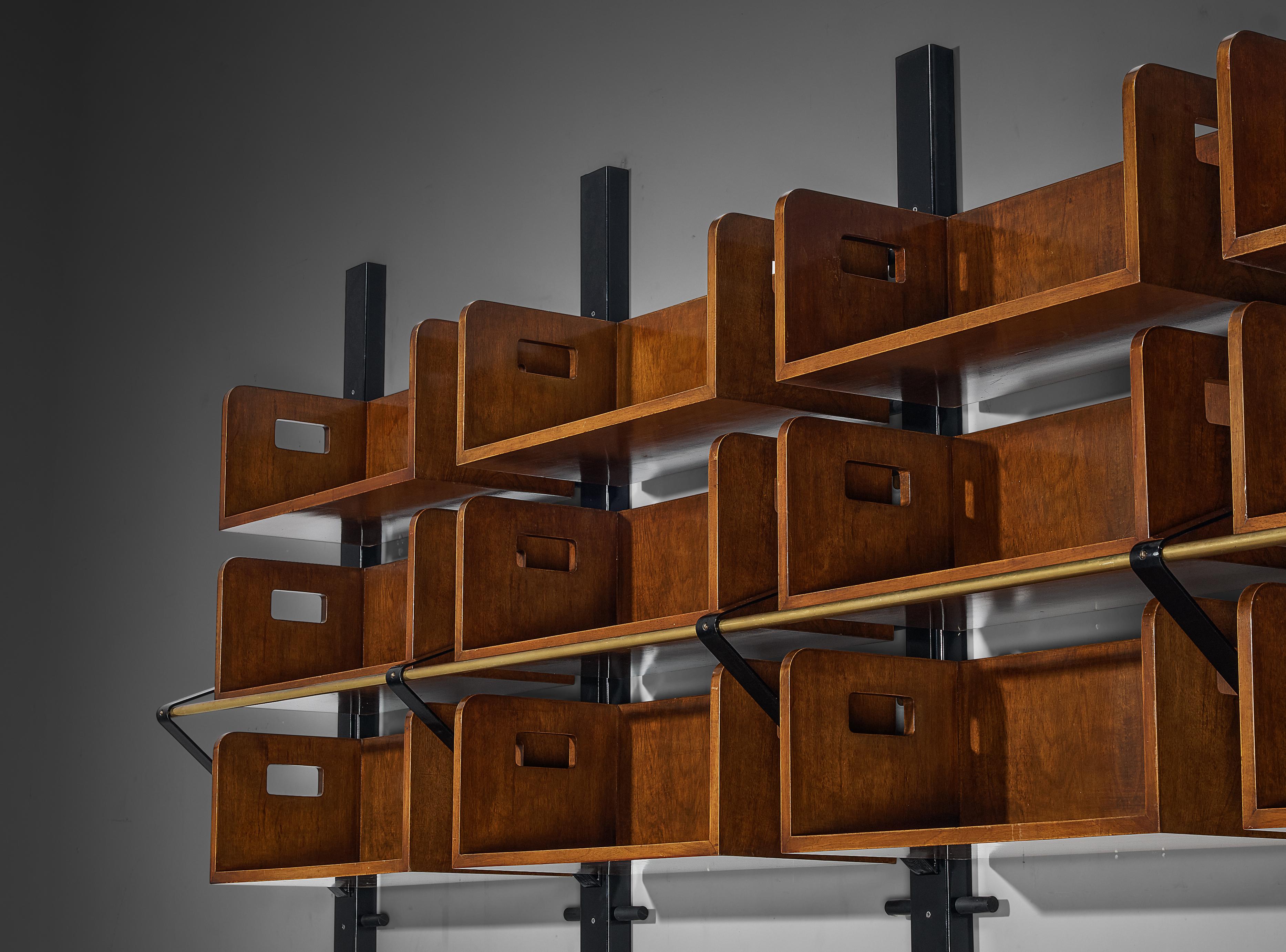 Mid-20th Century Italian Custom Wall Unit Bookcase with Ladder in Walnut and Iron  For Sale
