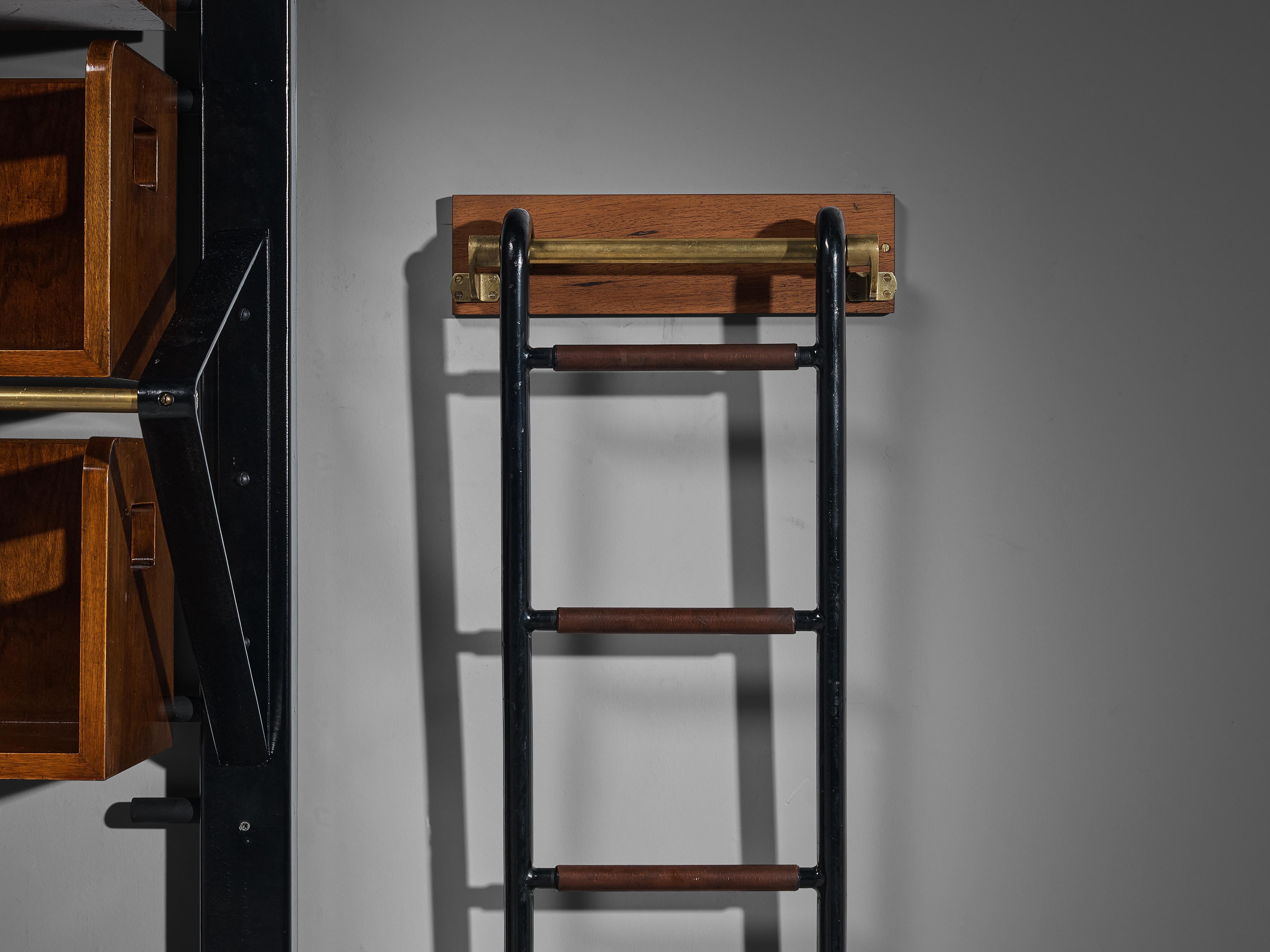 Italian Custom Wall Unit Bookcase with Ladder in Walnut and Iron  For Sale 2
