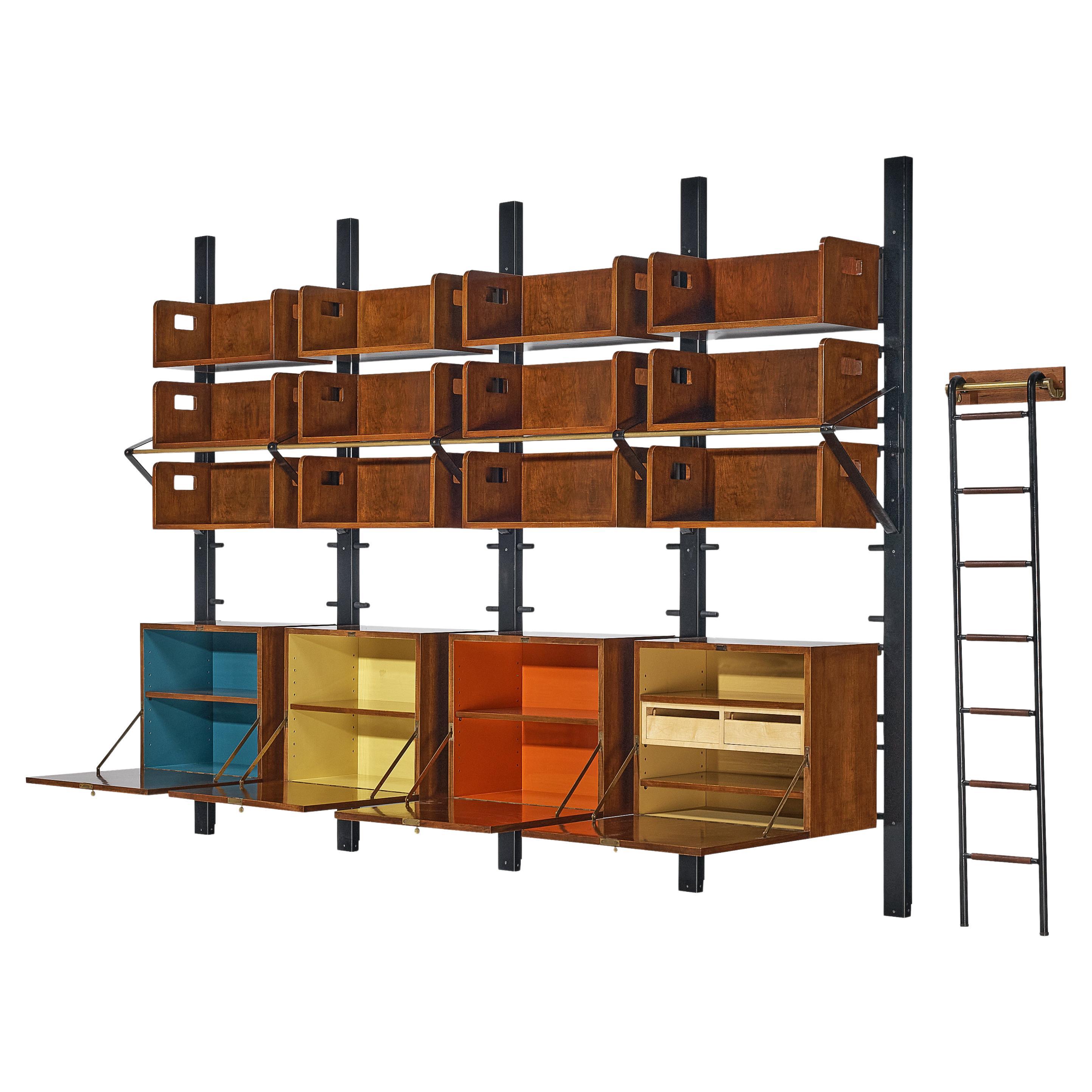 Italian Custom Wall Unit Bookcase with Ladder in Walnut and Iron  For Sale