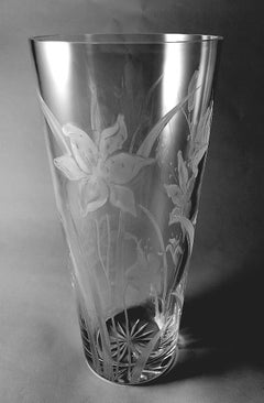 Italian Cut And Ground Crystal Vase With Flower Decoration