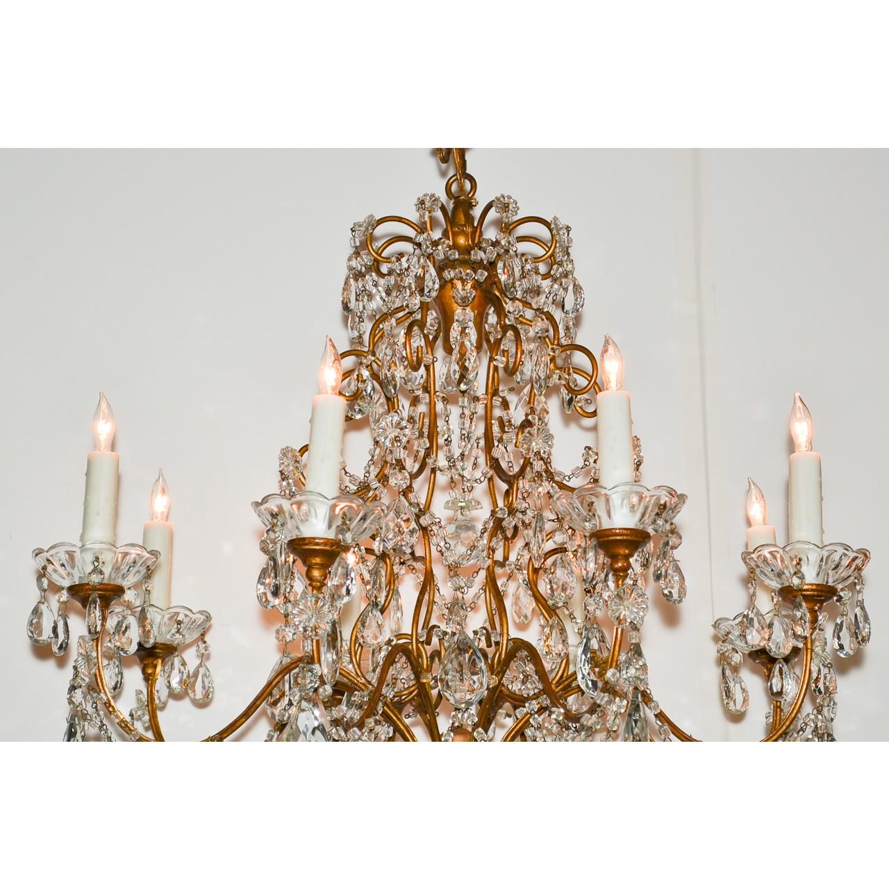 Carved Italian Cut Crystal and Tole Chandelier, circa 1920